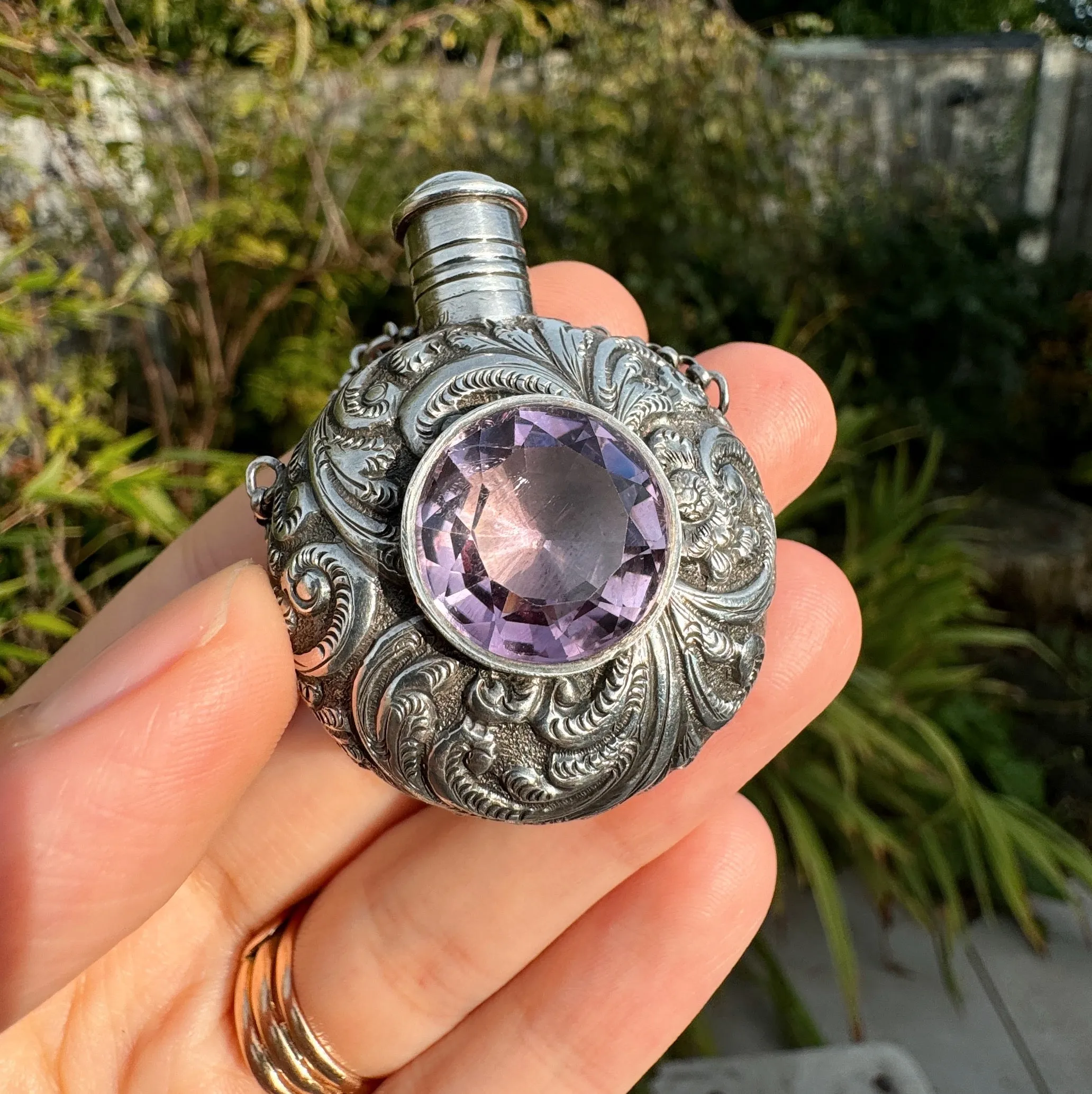 Antique Victorian Repousse Silver Amethyst Scent Bottle Brooch