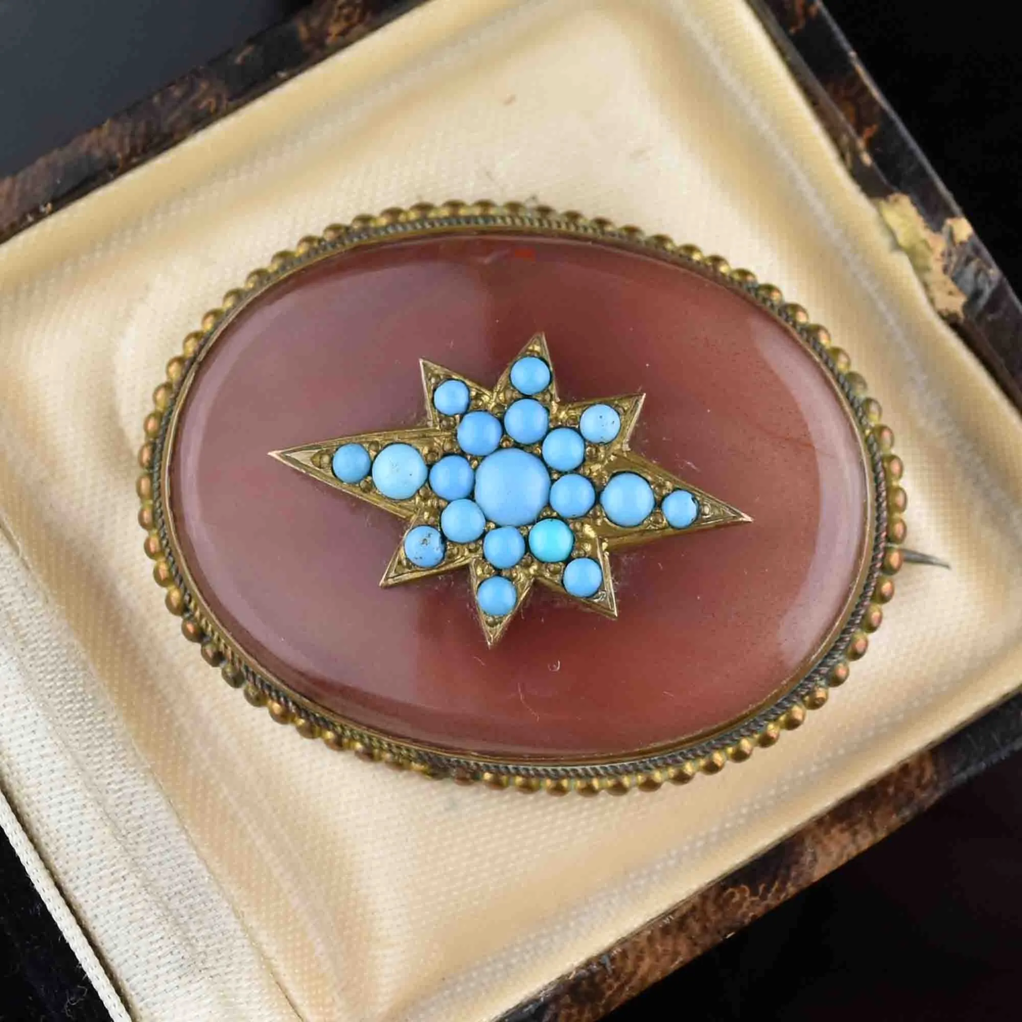 Antique Victorian Turquoise Star Agate Brooch Pin