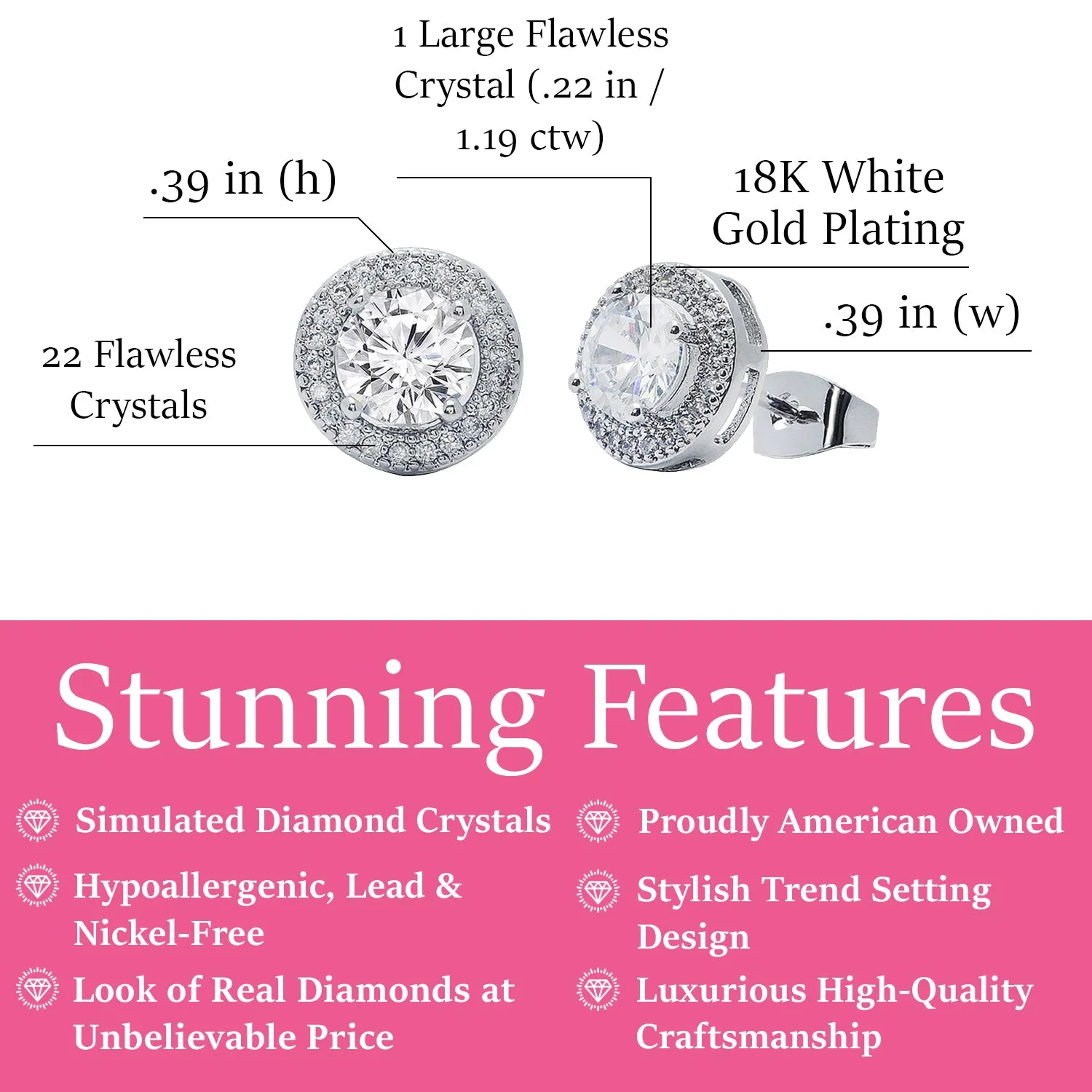 Ariel 18k White Gold Plated Halo Stud Earrings with Simulated Diamond Crystals for Women