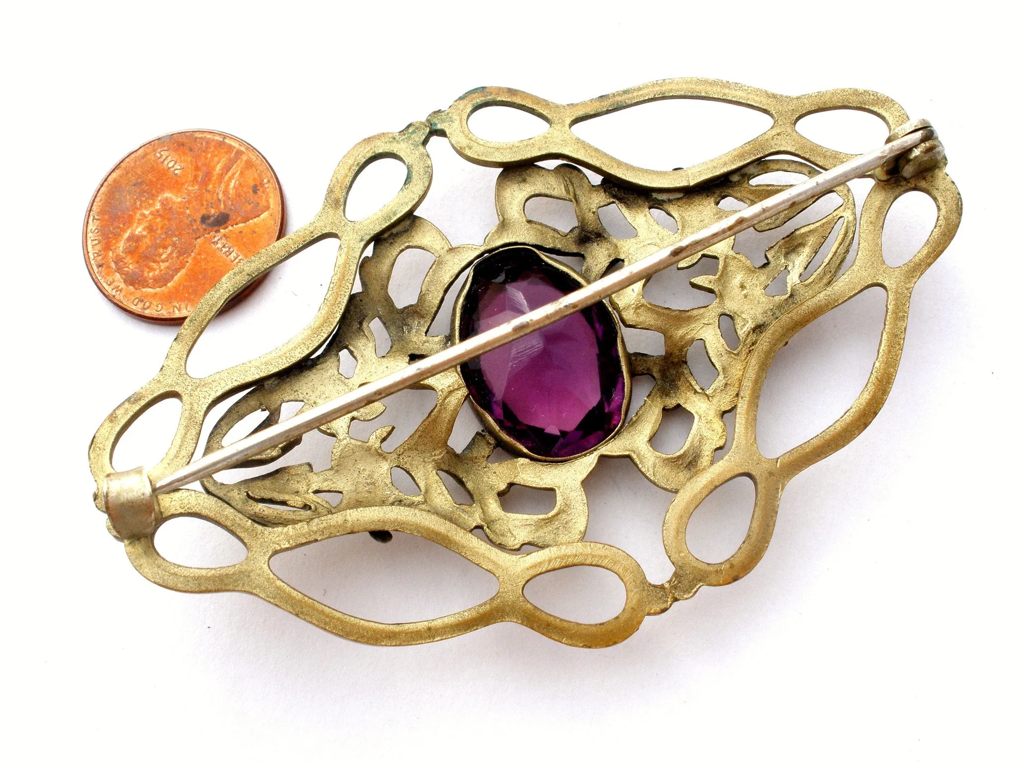 Art Nouveau Gilt Amethyst Brooch