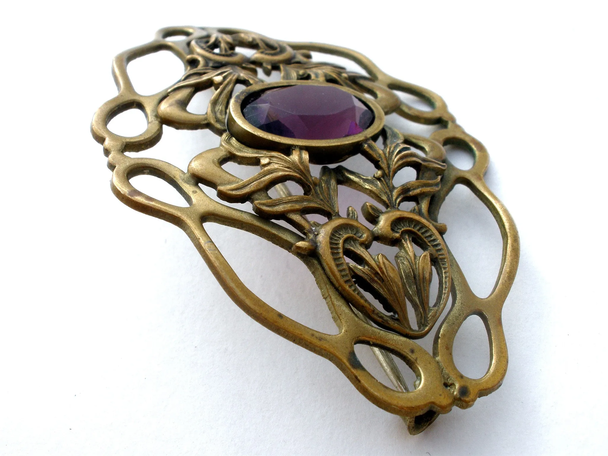 Art Nouveau Gilt Amethyst Brooch