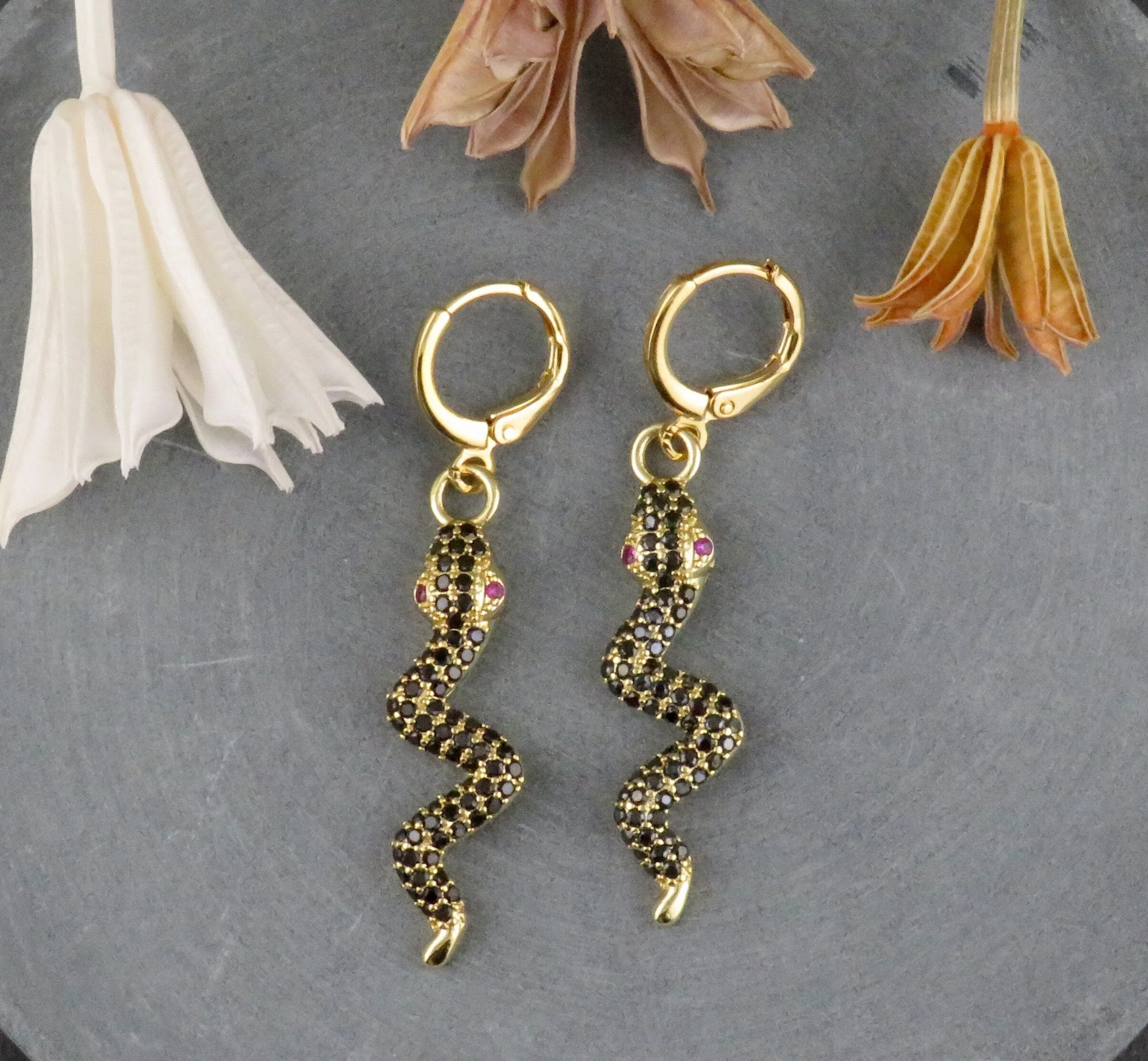 Black and Gold Snake Hoop Earrings