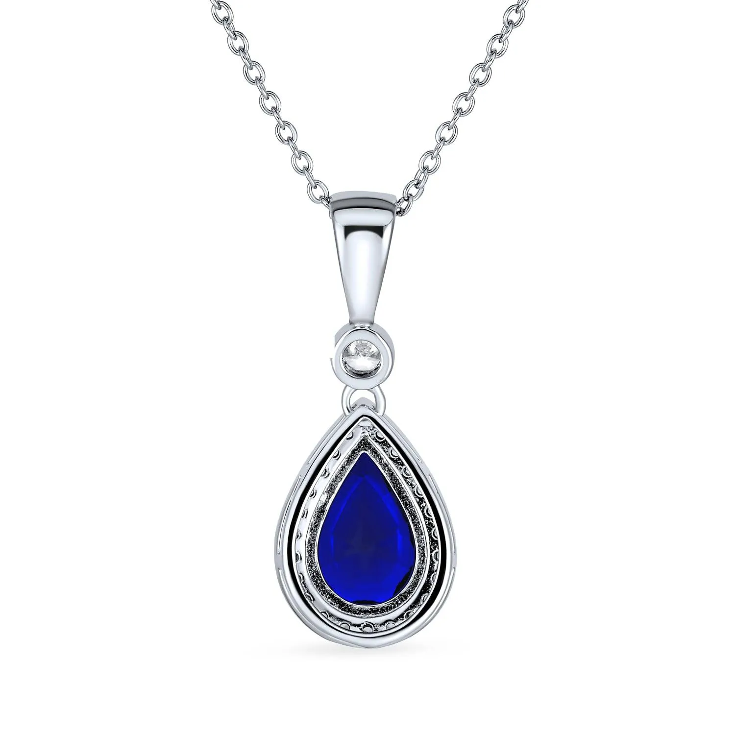 Blue Simulated Sapphire Teardrop Pendant Necklace in Sterling Silver CZ Halo Design