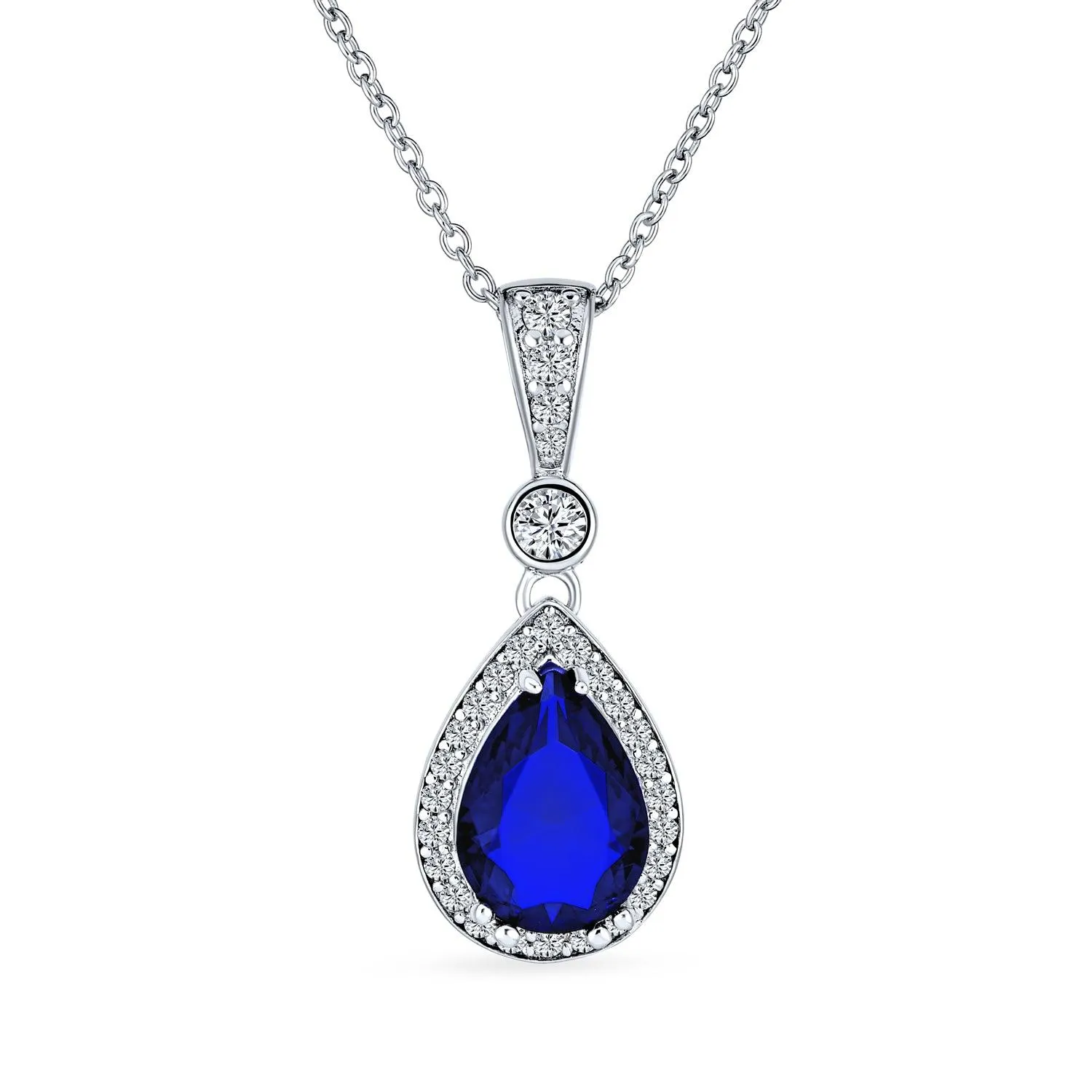 Blue Simulated Sapphire Teardrop Pendant Necklace in Sterling Silver CZ Halo Design