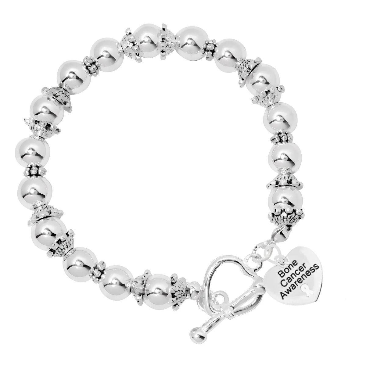 Bone Cancer Awareness Heart Charm Silver Beaded Bracelets