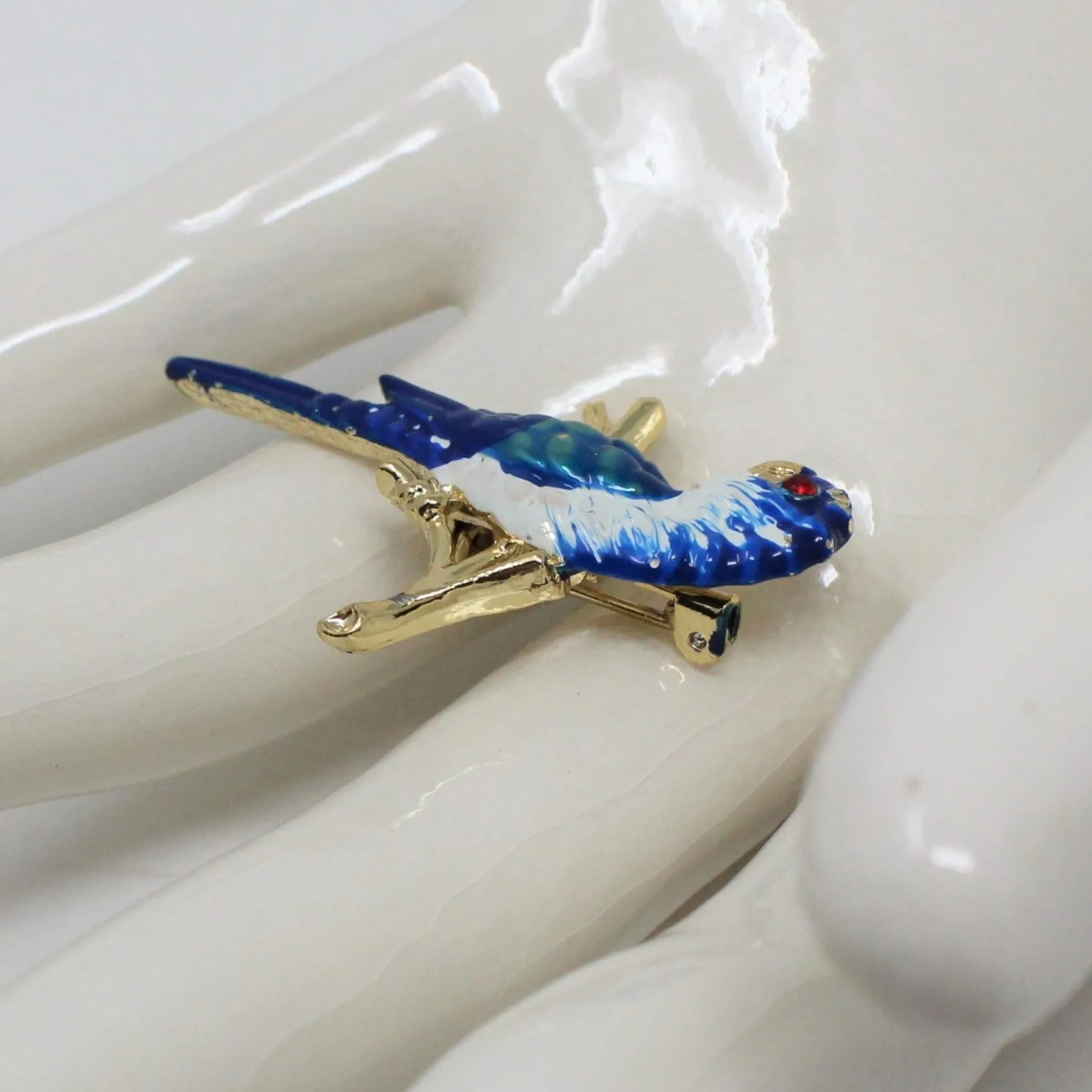 Brooch / Pin, Bird, Parakeet, Parrot, Blue and White Enamel, Gold Tone