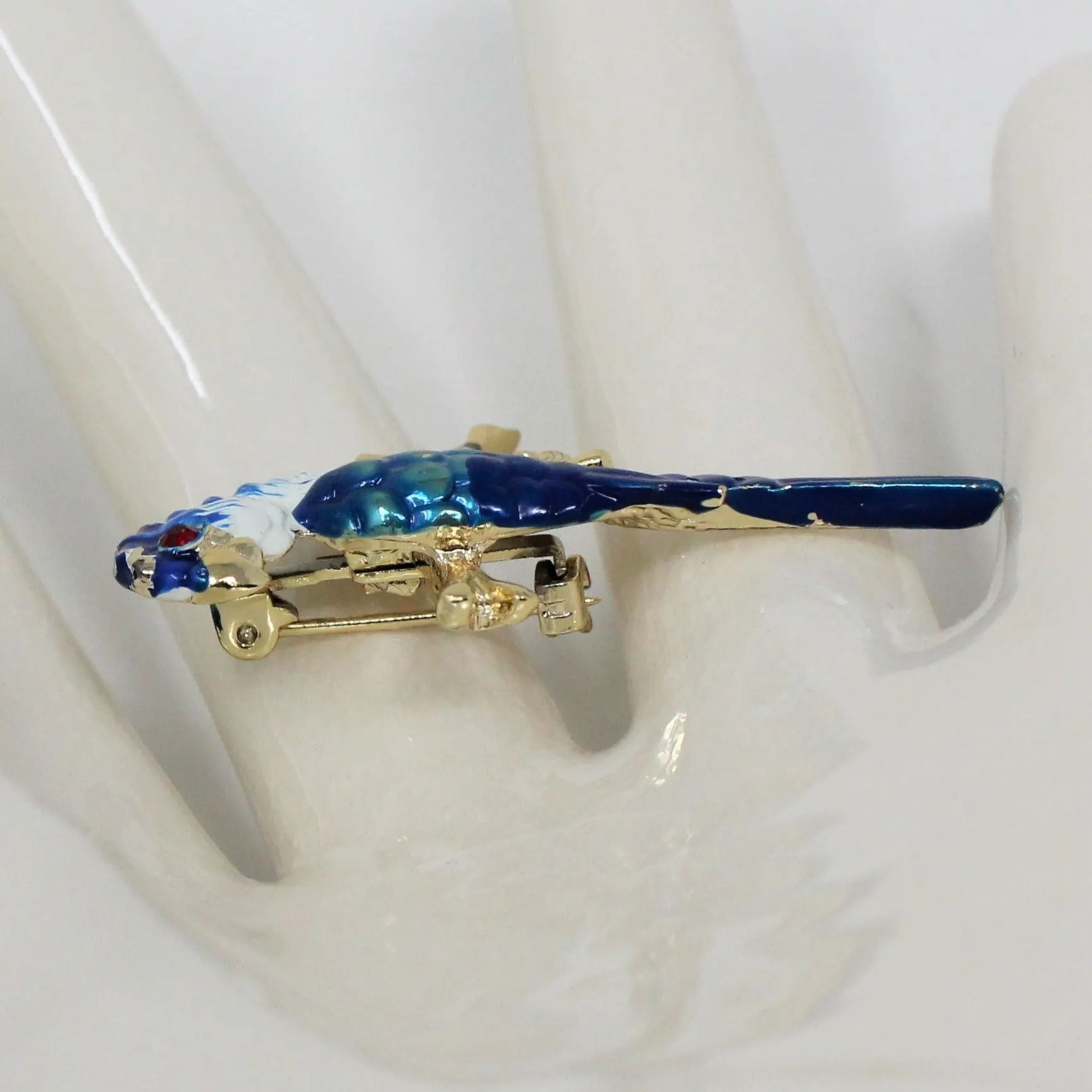 Brooch / Pin, Bird, Parakeet, Parrot, Blue and White Enamel, Gold Tone