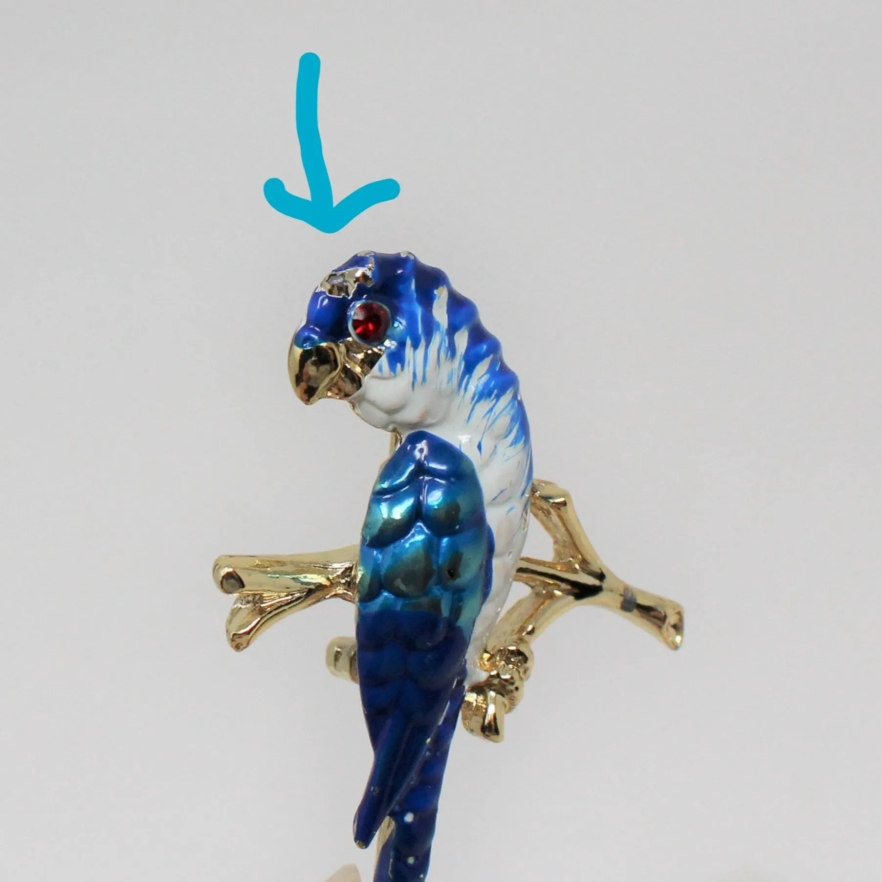 Brooch / Pin, Bird, Parakeet, Parrot, Blue and White Enamel, Gold Tone