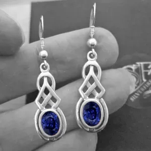 Celtic Dangle Earrings With Created Sapphire, Sterling Silver