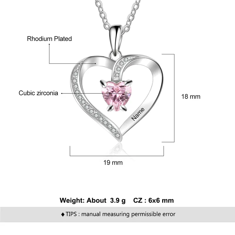 Custom 925 Sterling Silver One Birthstone Heart Necklace