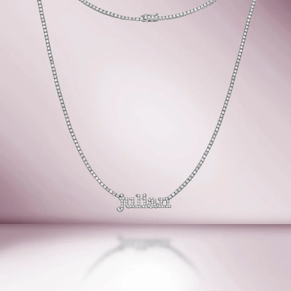 Custom Name Plate Diamond Tennis Necklace ( 5.00 ct.) 1.7 mm 4-Prongs Setting in 14K Gold