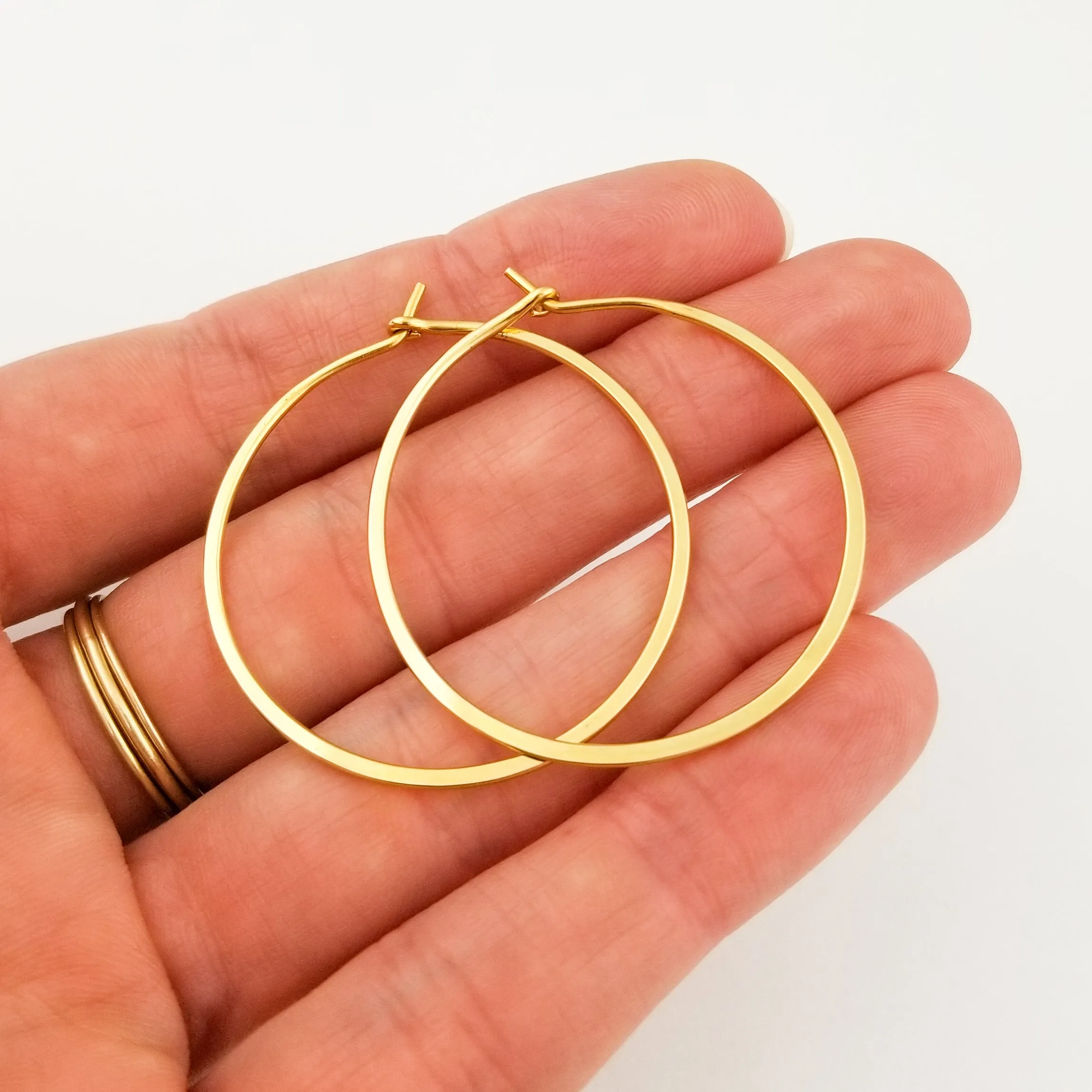 Extra Thick Flat Hammered Solid Gold Hoop Earrings