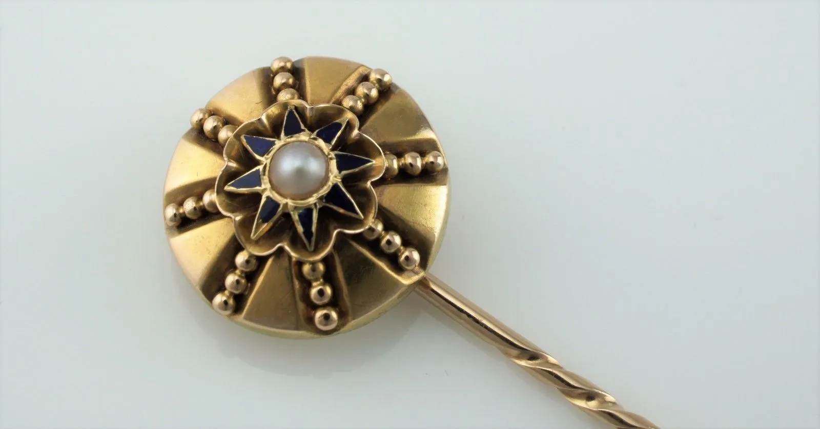 Fine Antique Victorian 9ct Gold Enamel & Pearl Stick - Tie Pin / Cravat Stick