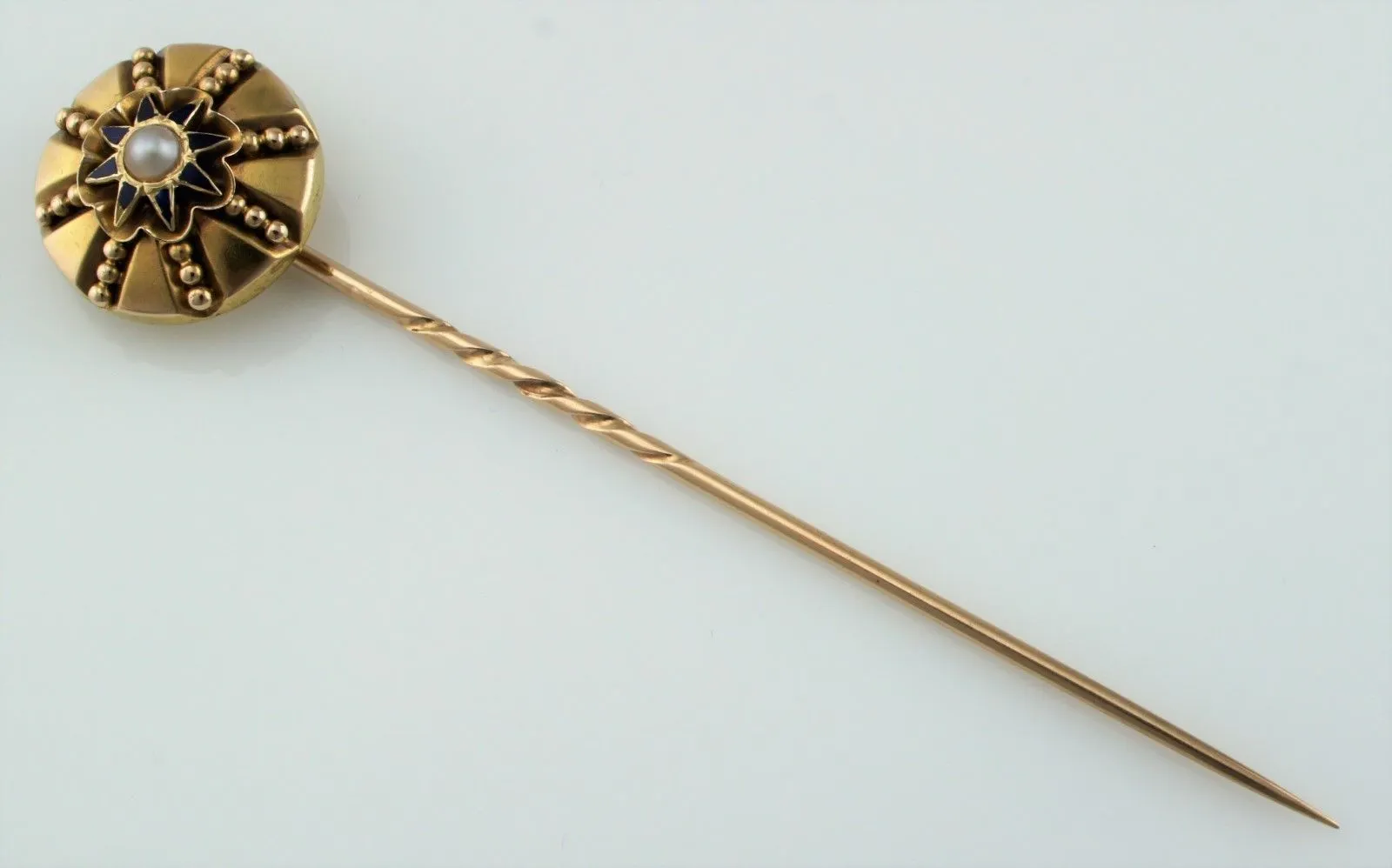 Fine Antique Victorian 9ct Gold Enamel & Pearl Stick - Tie Pin / Cravat Stick