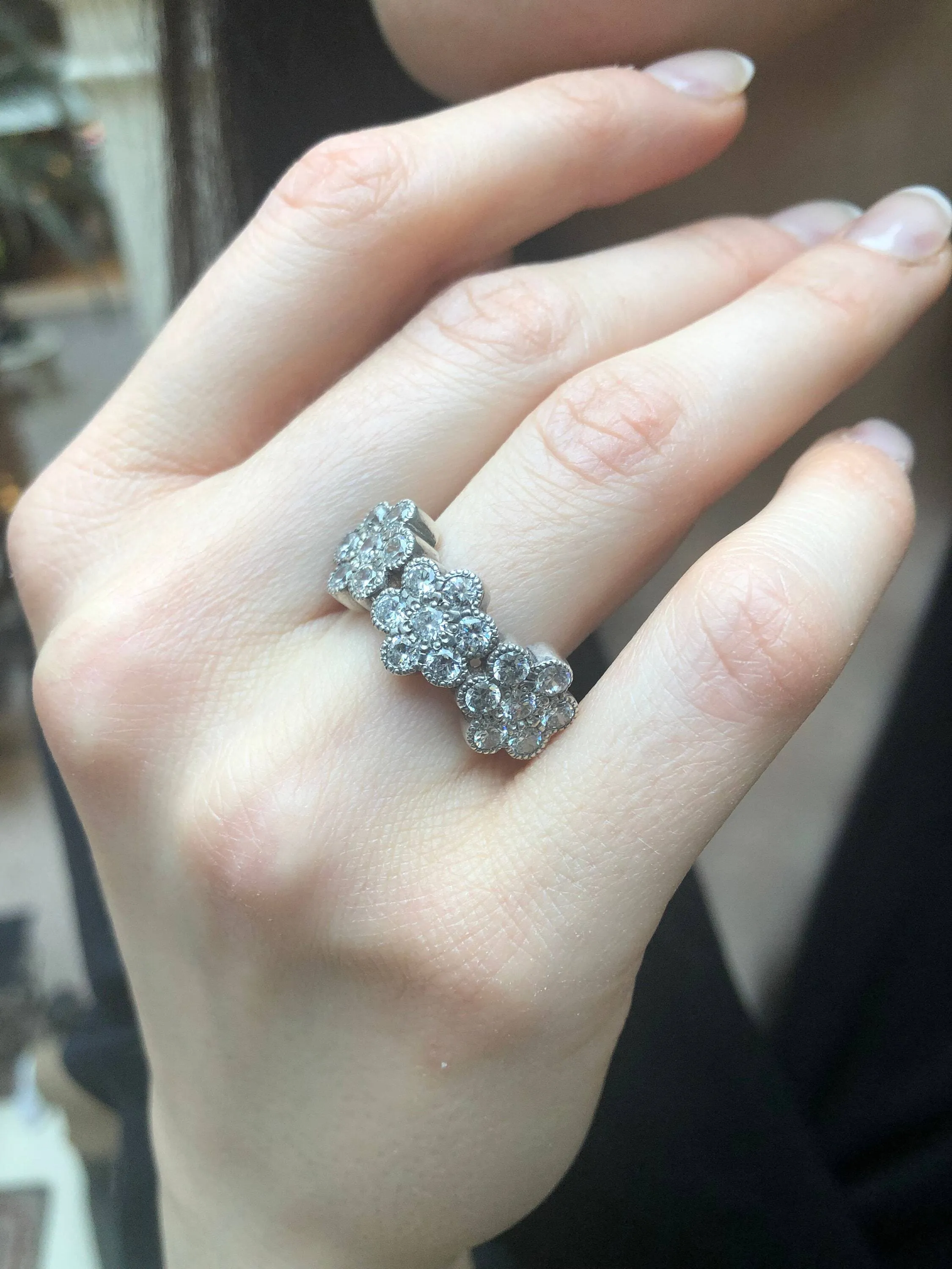 Flower Diamond Ring - Sparkly Half Eternity Band - Vintage Floral Ring