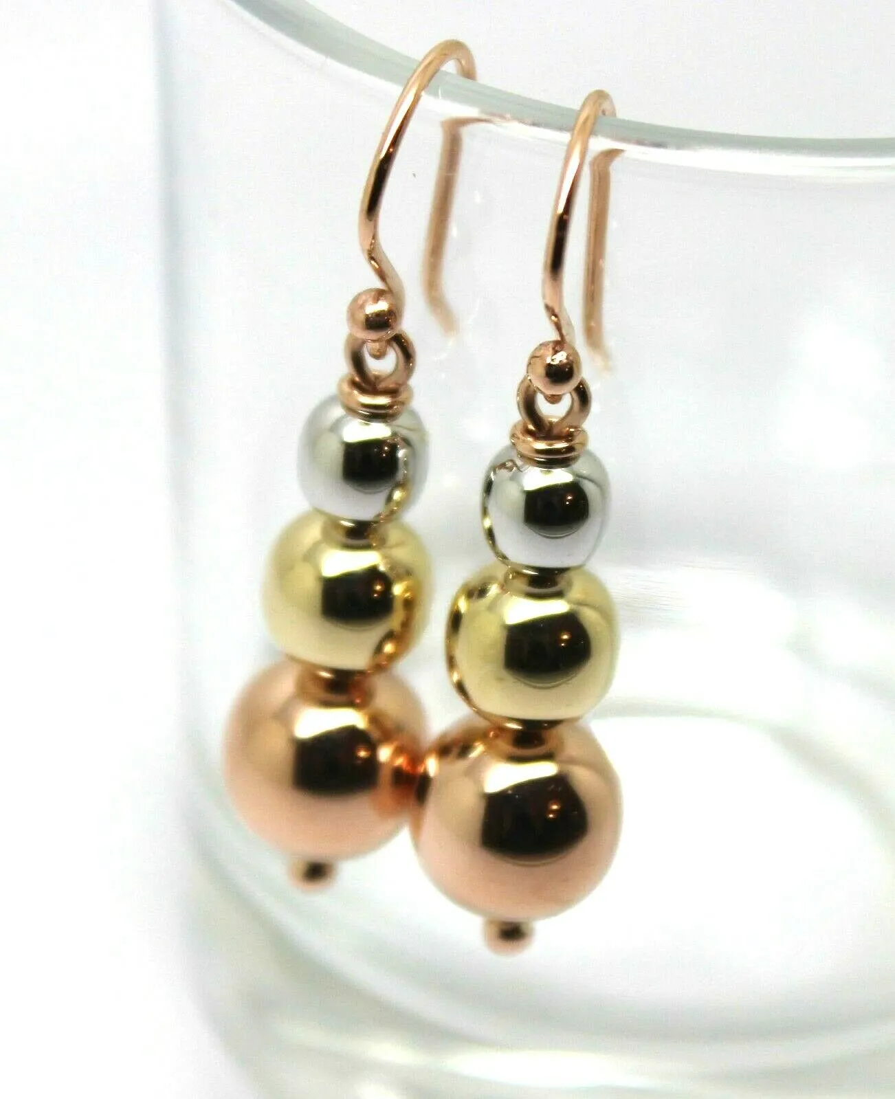 Genuine 3 Ball Three Tone 9ct Rose, Yellow & White Gold Ball Drop Ball Earrings