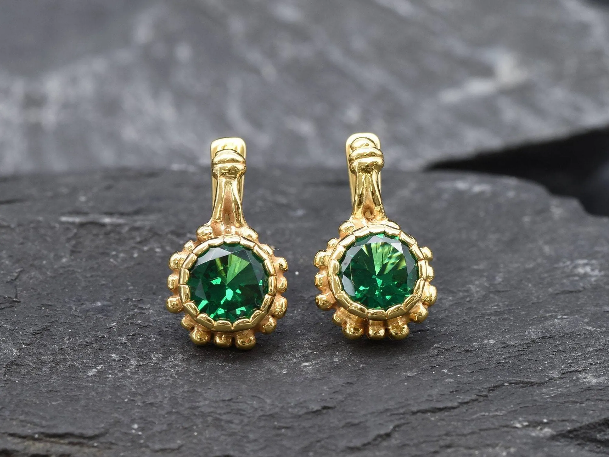 Gold Emerald Earrings - Gold Green Earrings, Round Green Earrings