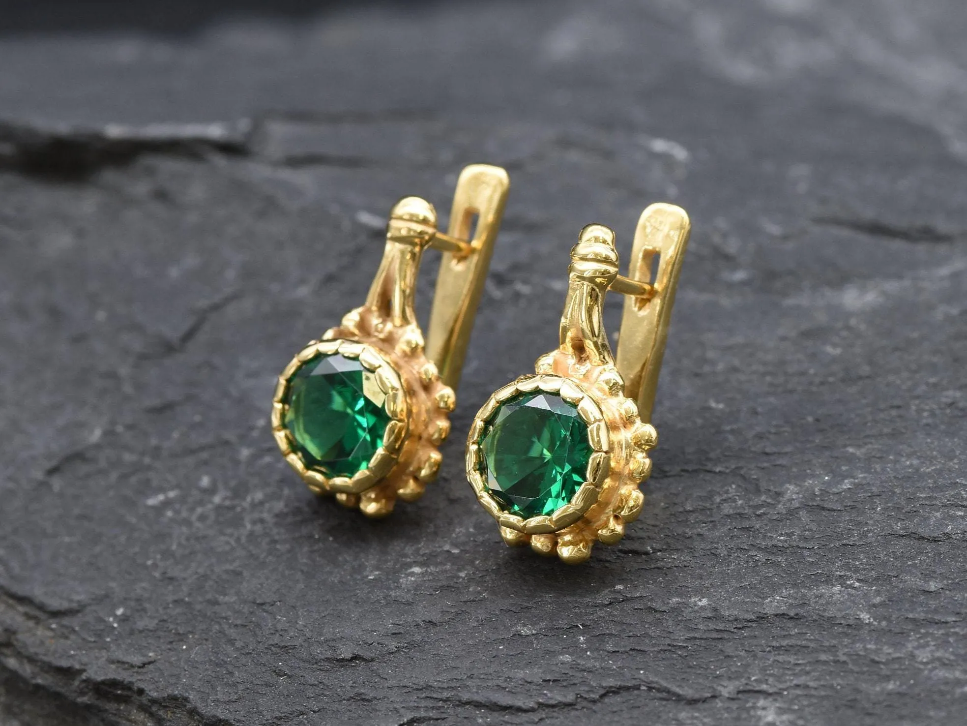 Gold Emerald Earrings - Gold Green Earrings, Round Green Earrings