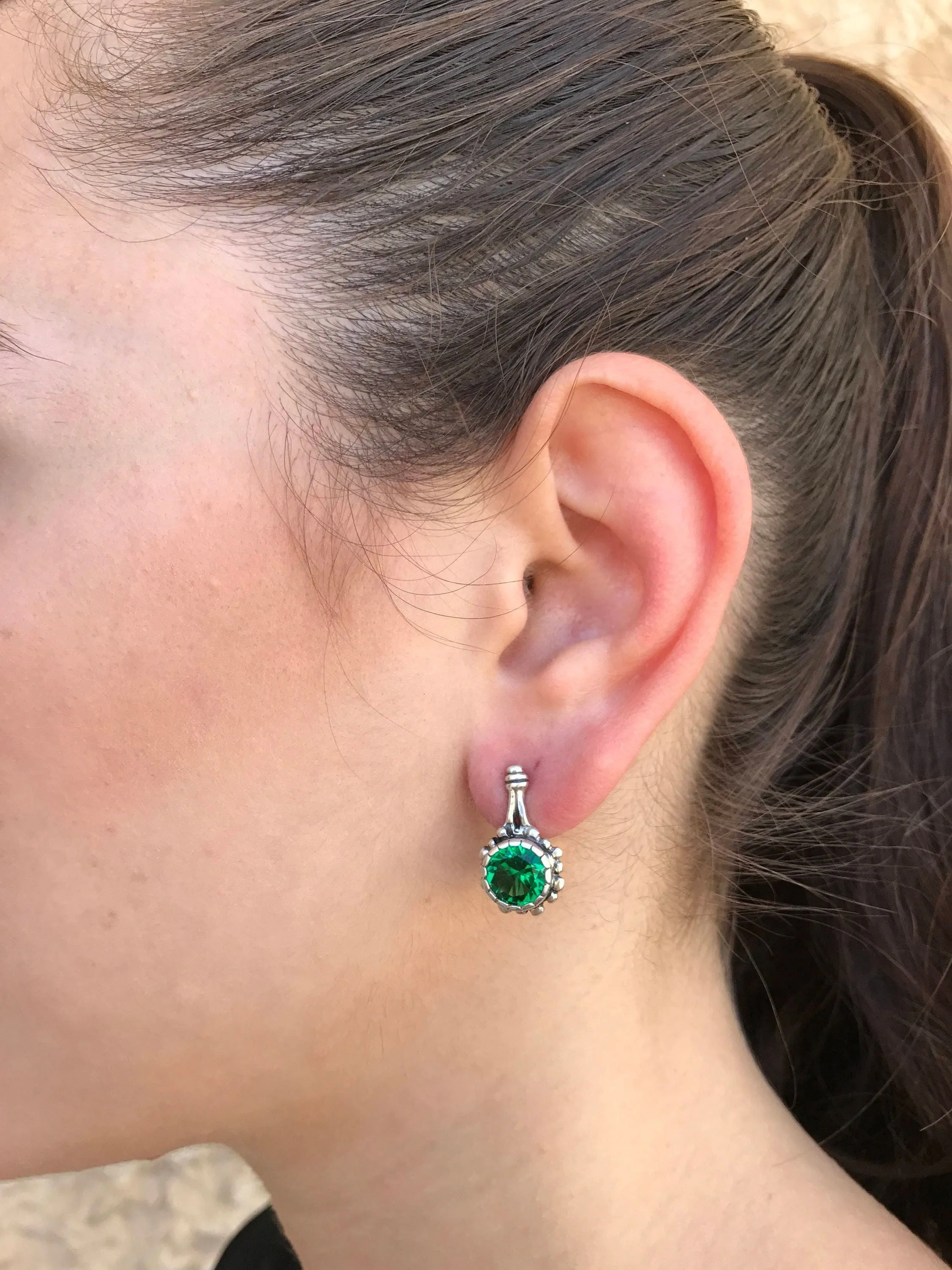 Gold Emerald Earrings - Gold Green Earrings, Round Green Earrings