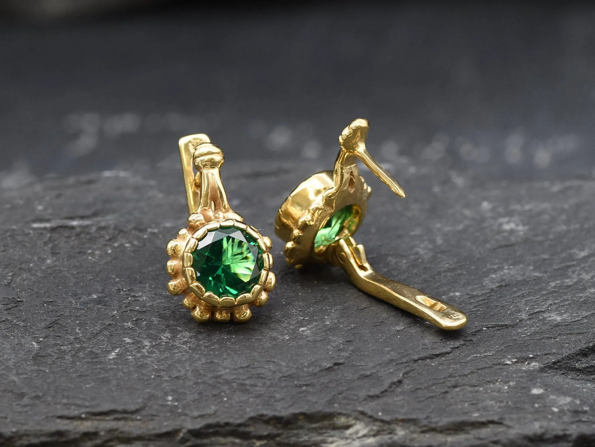 Gold Emerald Earrings - Gold Green Earrings, Round Green Earrings