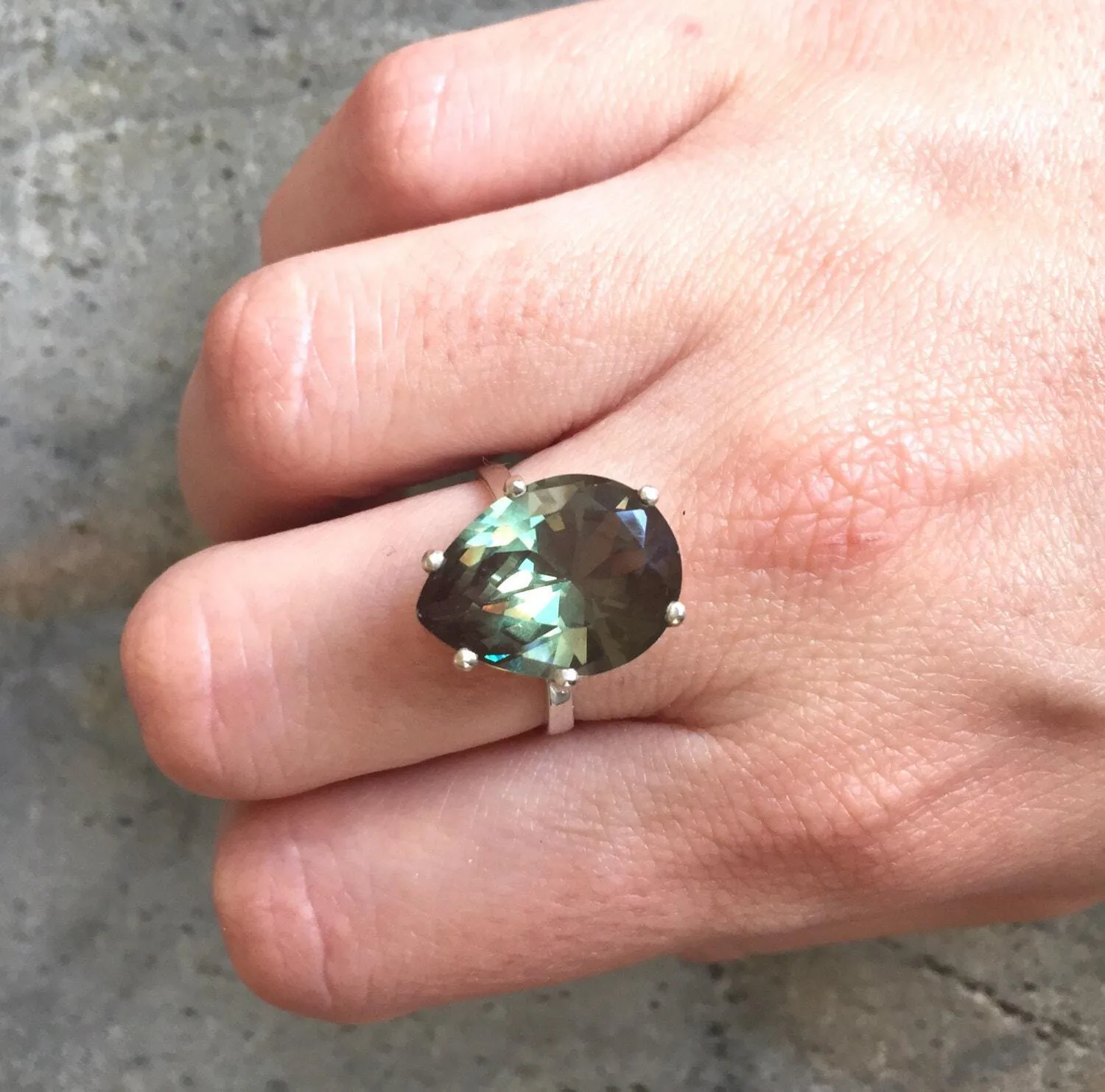 Green Diamond Ring - Statement Teardrop Ring - Large Green Ring