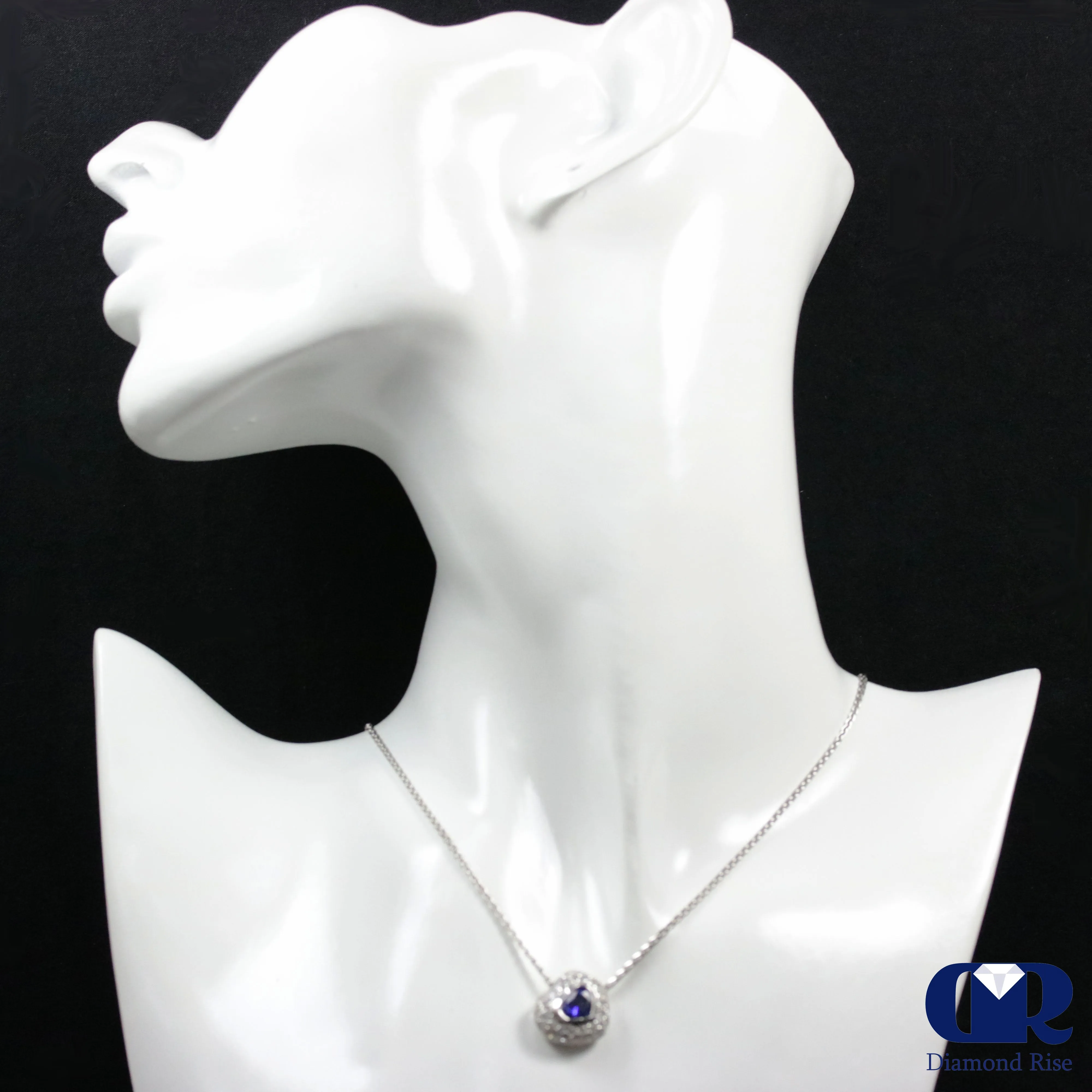 Heart Shaped Sapphire & Diamond Pendant Necklace In 14K White Gold