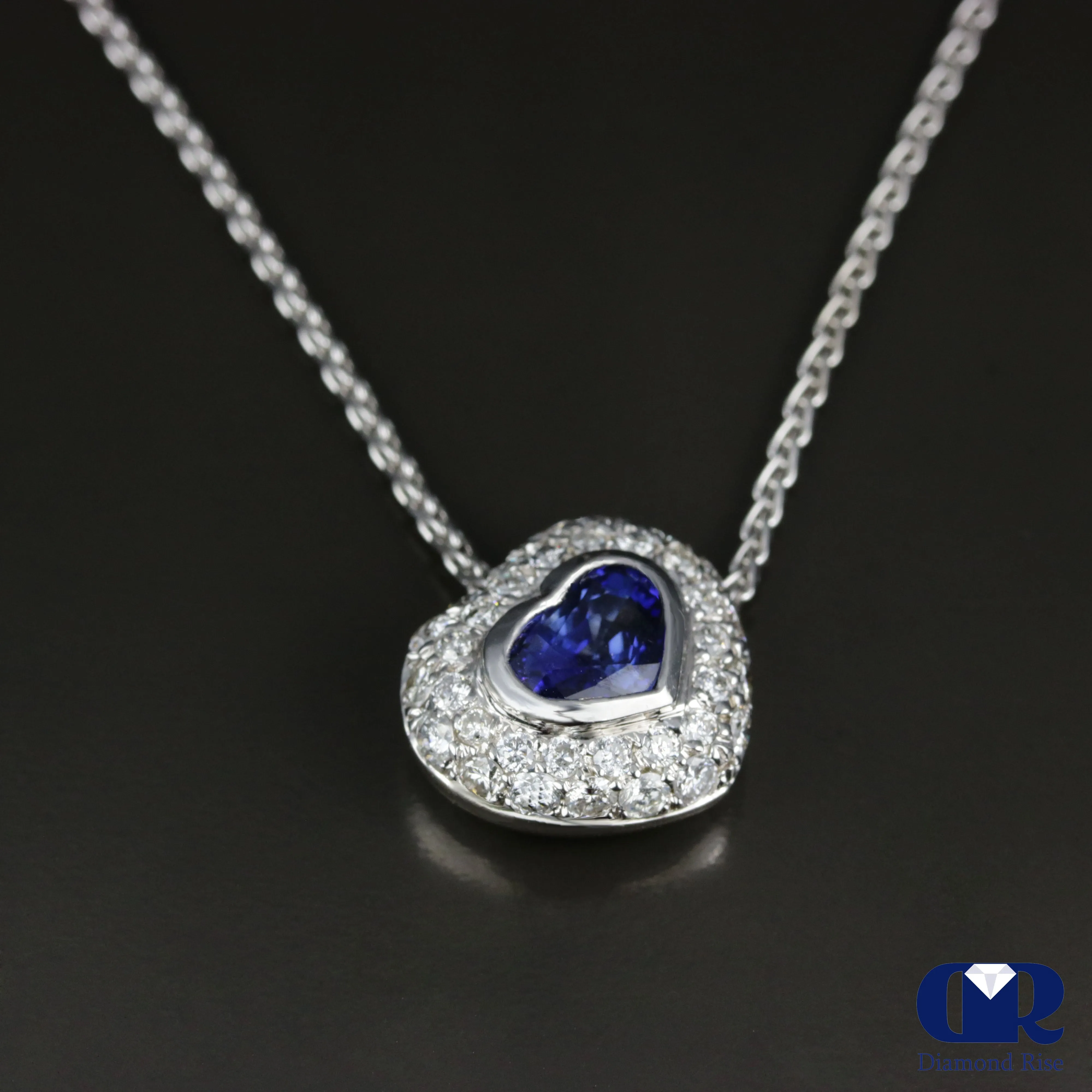 Heart Shaped Sapphire & Diamond Pendant Necklace In 14K White Gold