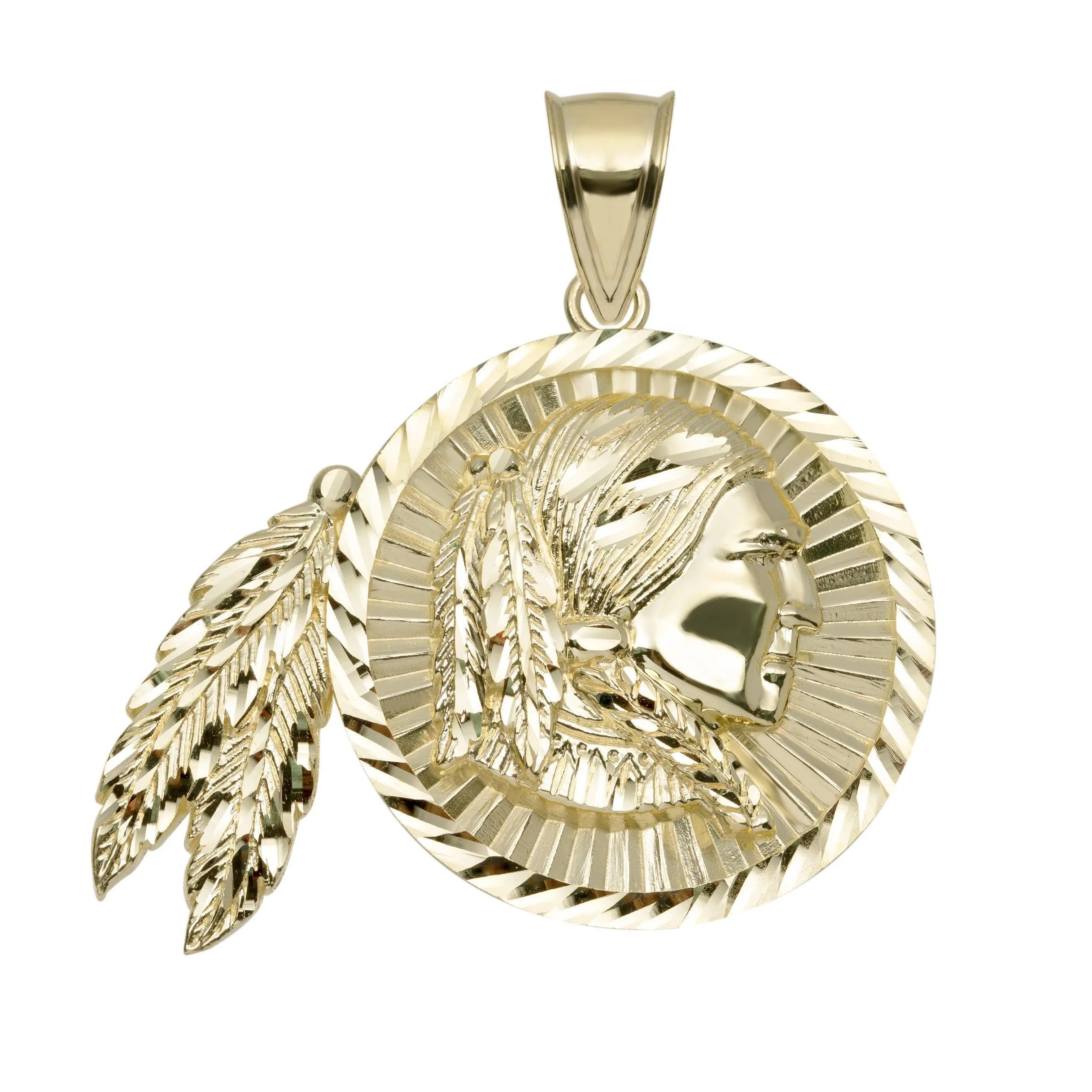 Indian Chief Medallion Pendant Solid 10K Yellow Gold