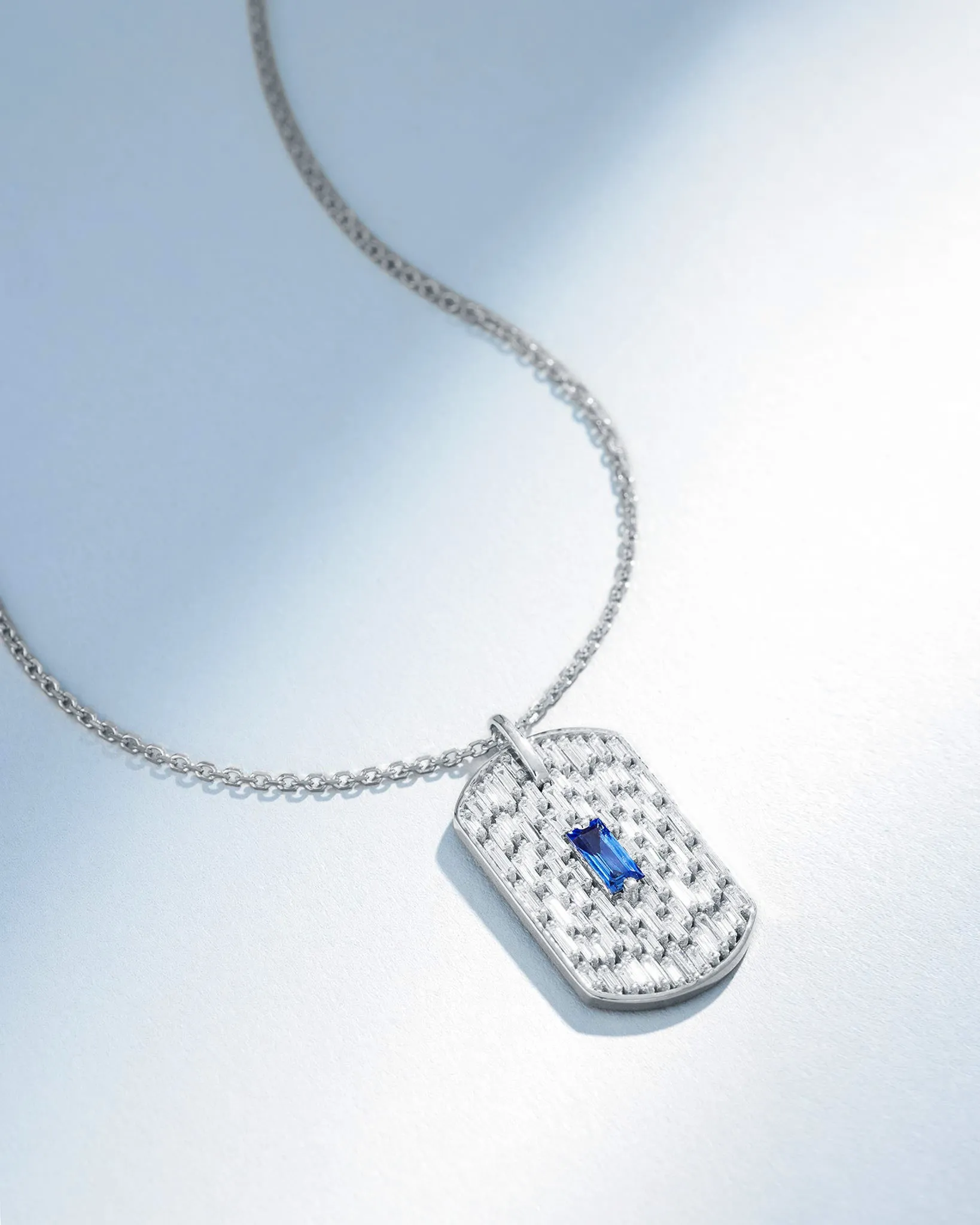 Infinite Dark Blue Sapphire & Diamond Waterfall Dog Tag Pendant