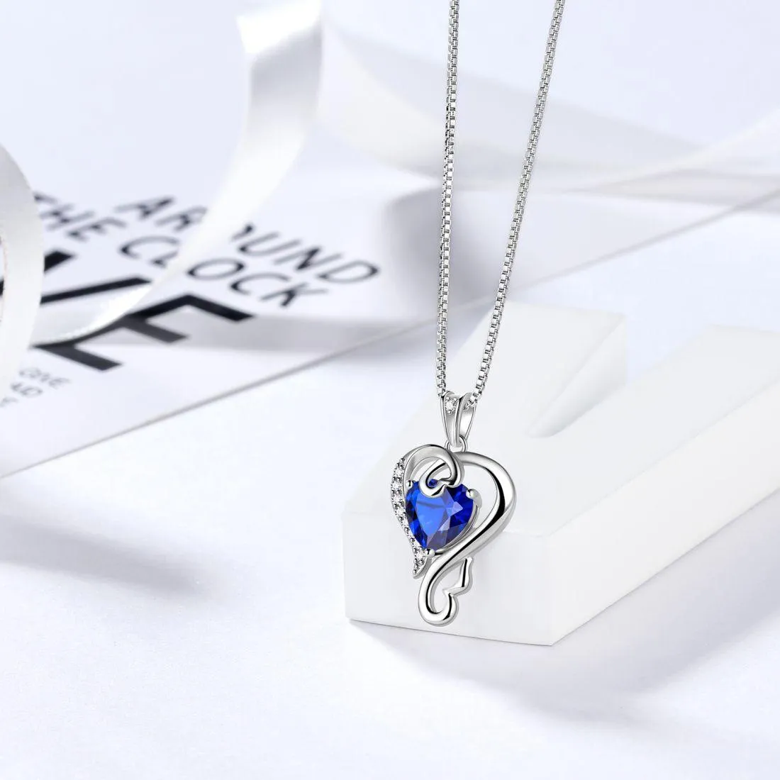 Love Heart Birthstone September Sapphire Necklace Pendant Women Girls Jewelry Birthday Gift