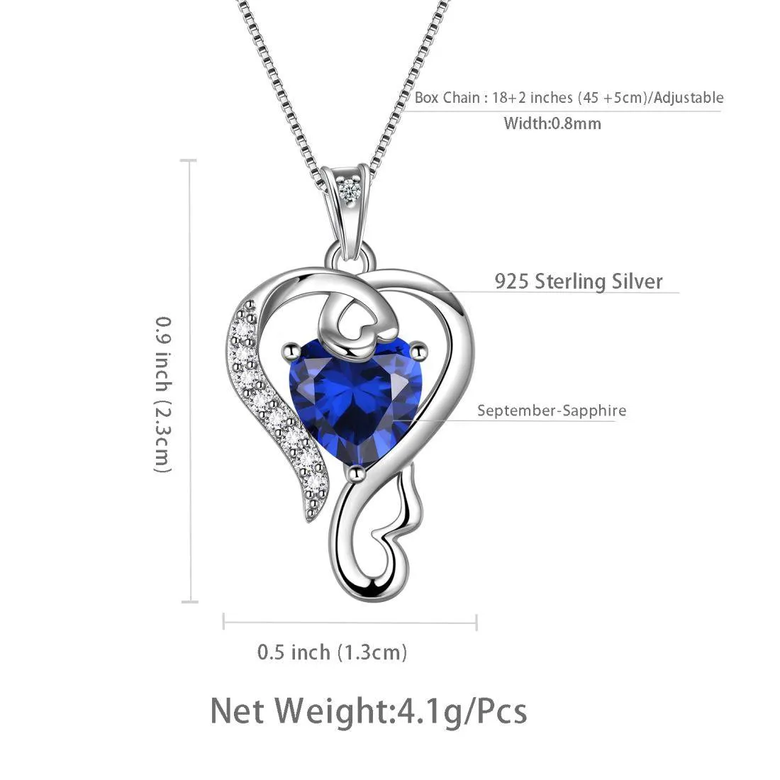 Love Heart Birthstone September Sapphire Necklace Pendant Women Girls Jewelry Birthday Gift