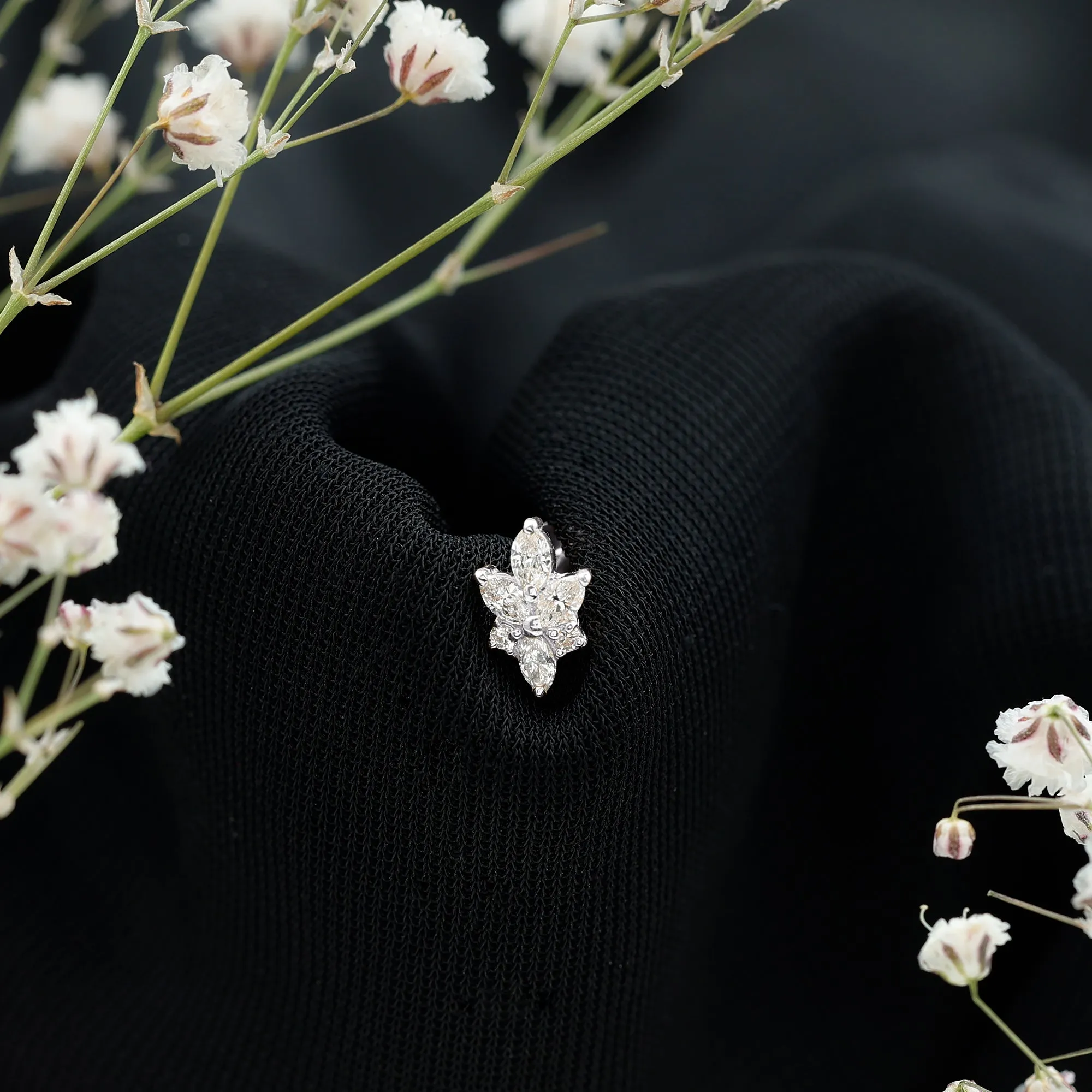 Marquise Diamond Cluster Flower Earring with Flat Back