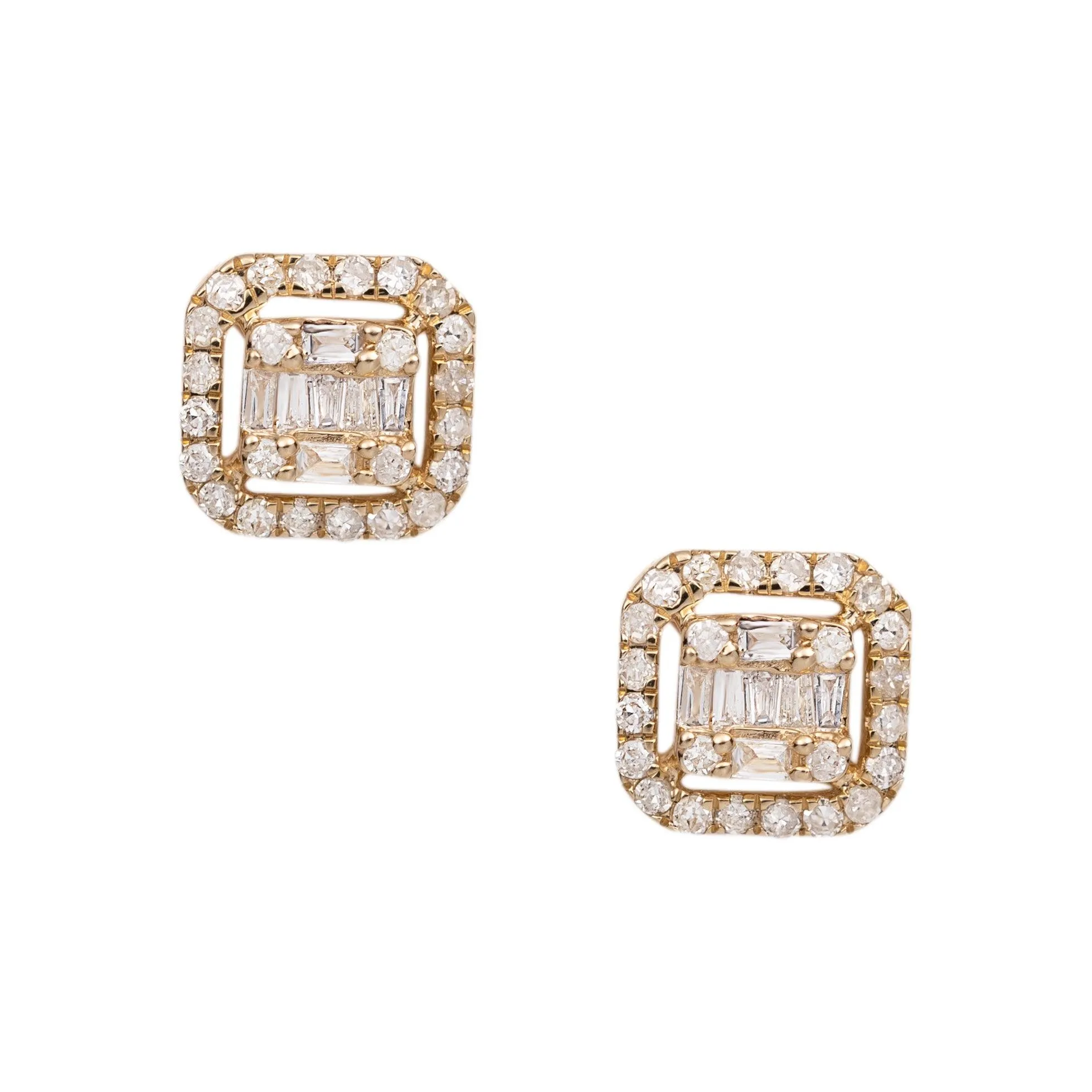 Men's Cushion Baguette & Round Diamond Stud Earrings 0.37ct 14K Yellow Gold