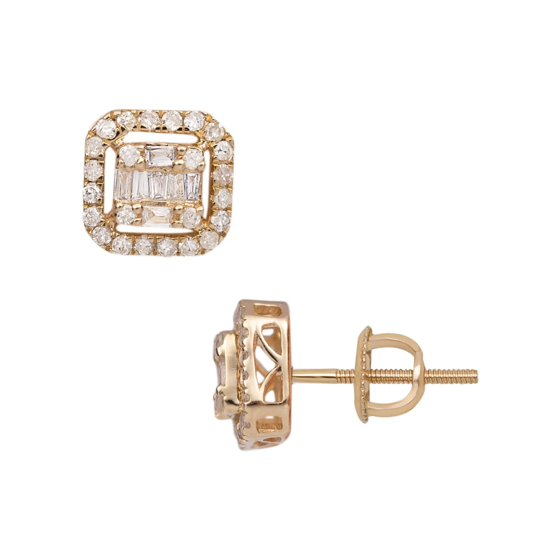 Men's Cushion Baguette & Round Diamond Stud Earrings 0.37ct 14K Yellow Gold