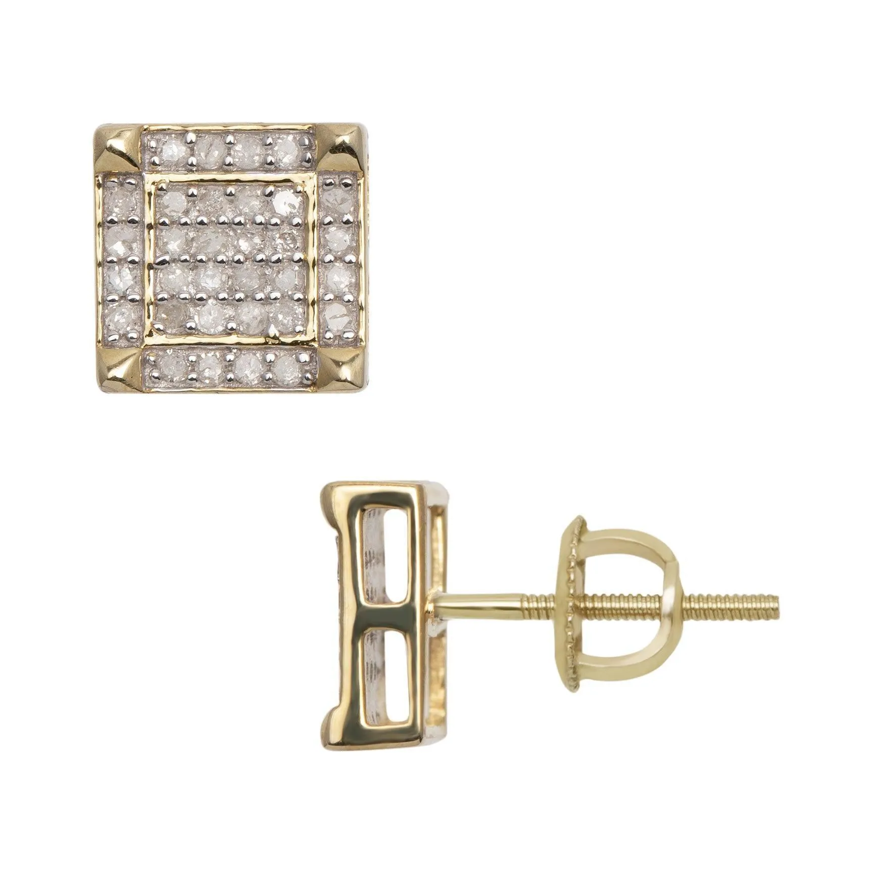 Men's Micro-Pavé Square Design Diamond Stud Earrings 0.32ct 10K Yellow Gold