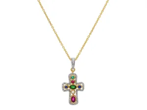 Mixed-Stone & Diamond Cross Pendant Necklace