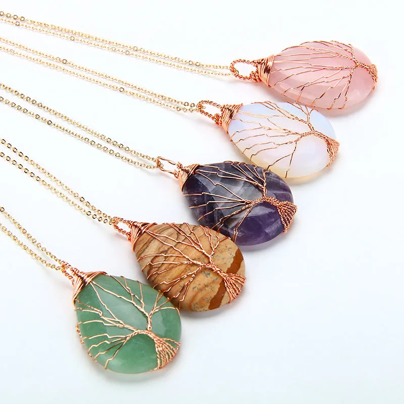 Natural purple Quartz Opal Stone Pendants Handmade Rose Gold Color Tree of Life Wrapped Drop Shaped crystal pendant necklace