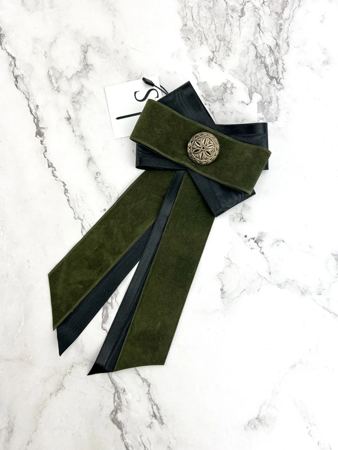 Olive Green and Black Ribbon Brooch JWY00036