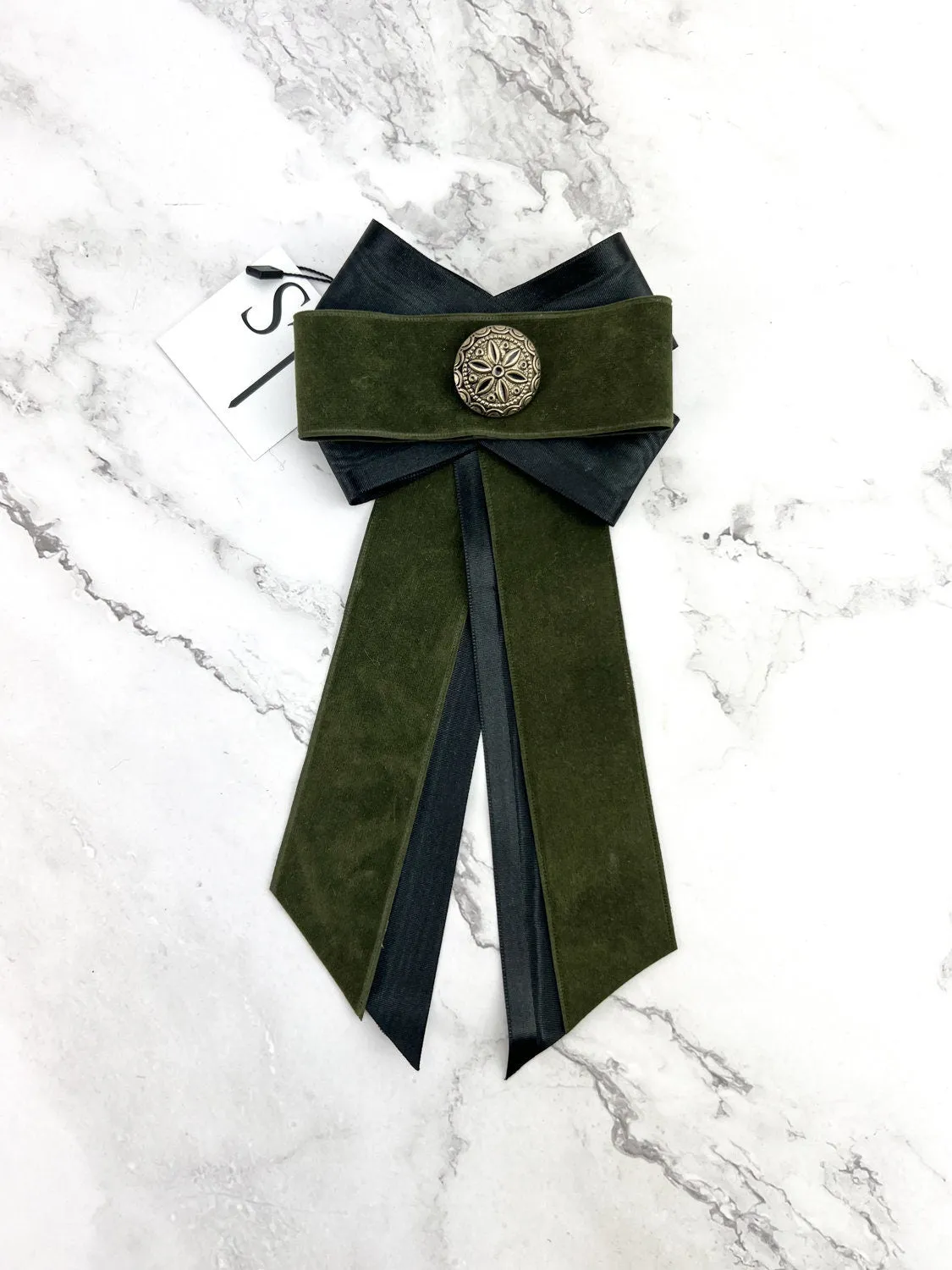 Olive Green and Black Ribbon Brooch JWY00036