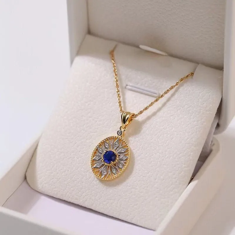 Oval Hollow Silver Petal Wrapped Sapphire Pendant Necklace