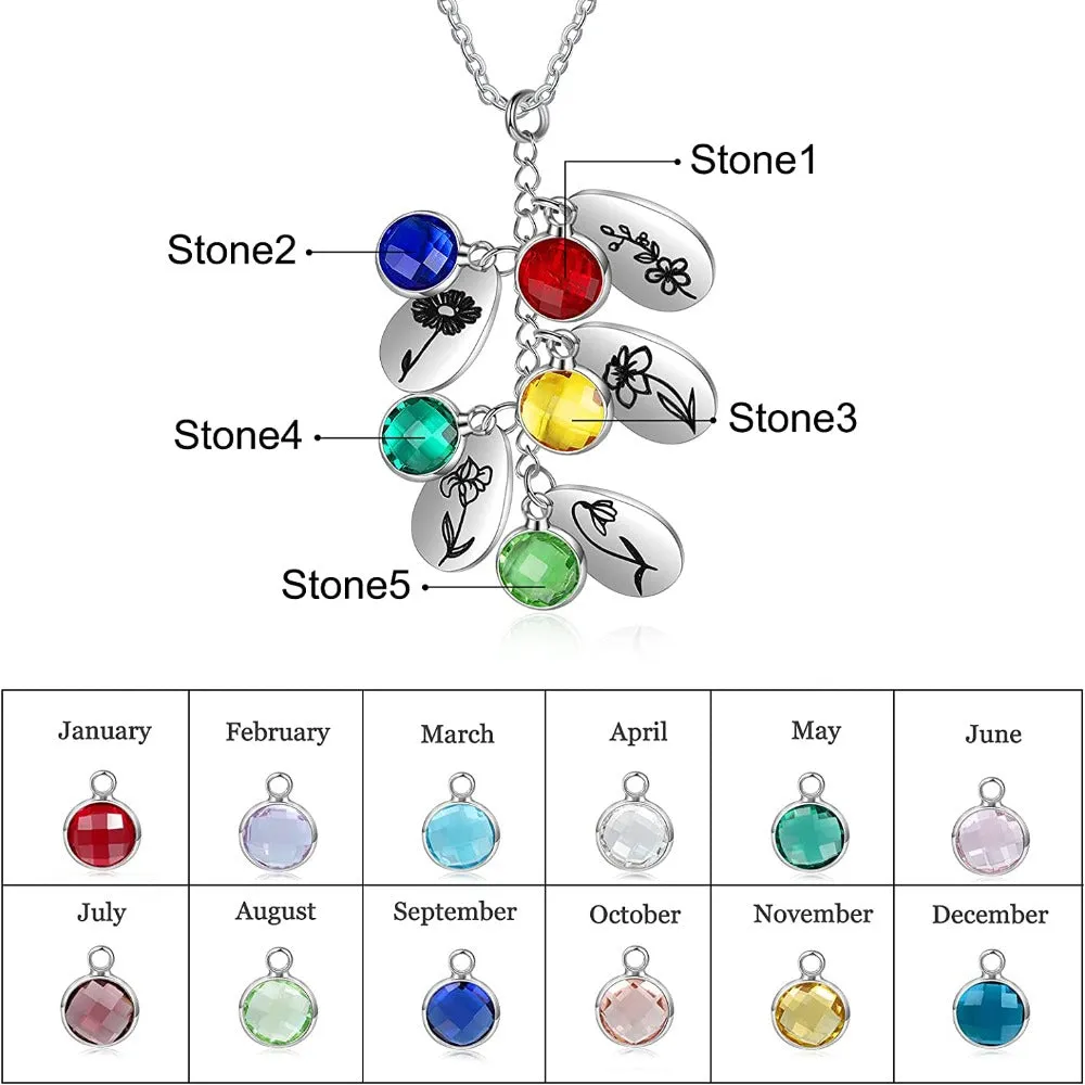 Personalized 5 Birthstones And Flowers Pendant