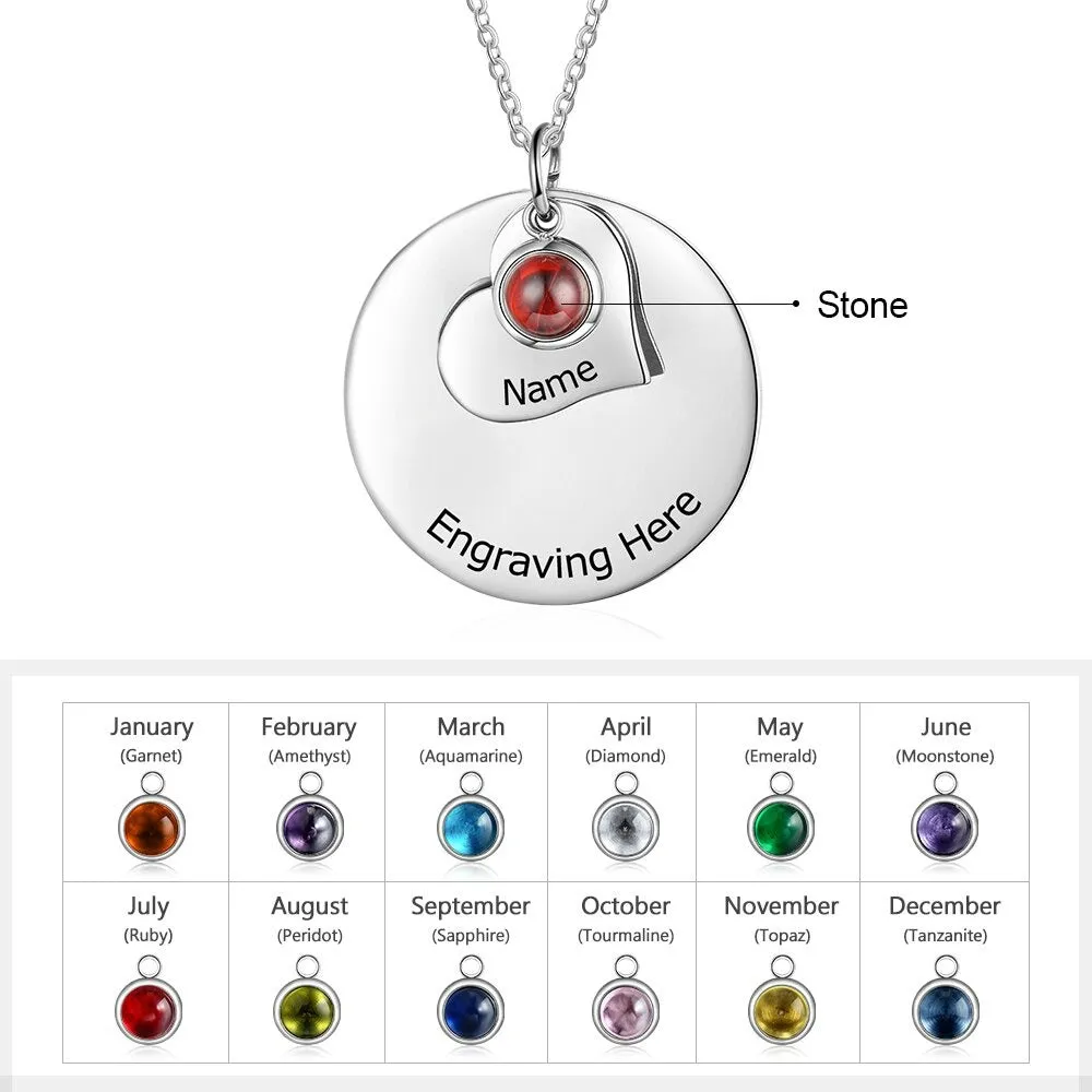 Personalized Engraved 1 Stone 1 Name Round Disc Pendant