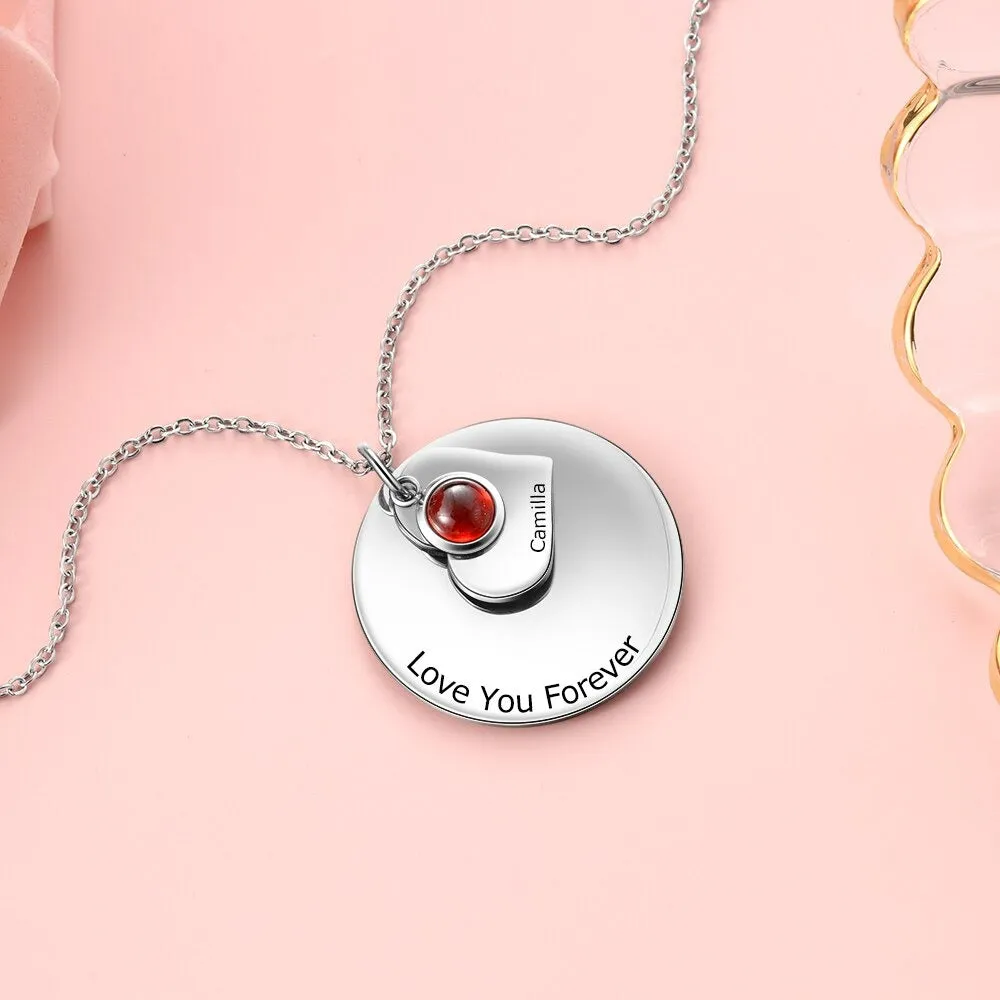 Personalized Engraved 1 Stone 1 Name Round Disc Pendant