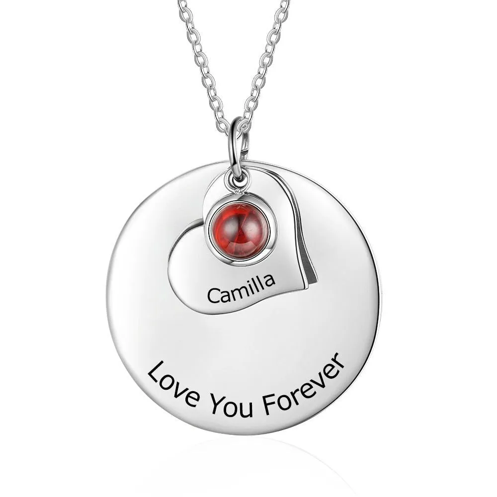 Personalized Engraved 1 Stone 1 Name Round Disc Pendant