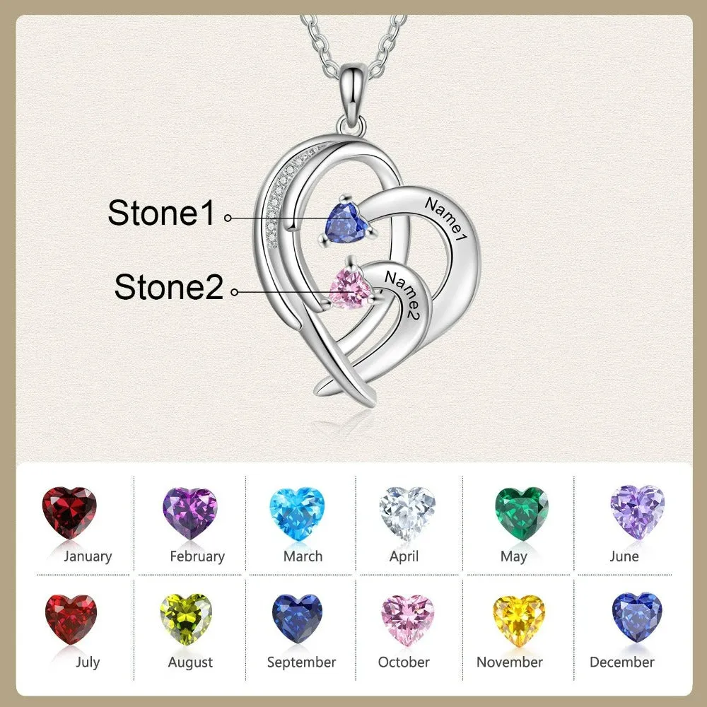 Personalized Engraved 2 Names And Birthstones Necklace