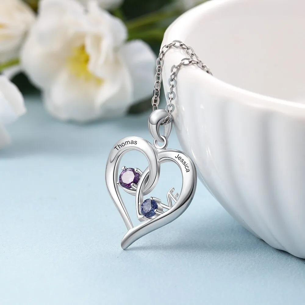 Personalized Heart Necklace with Birthstone Custom Name Engraved Pendant