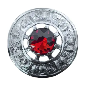 Plaid Brooch Red Stone Round Thistle Flower