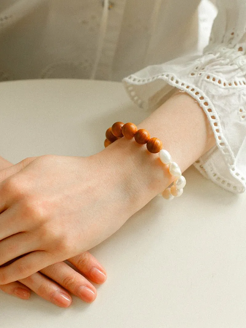 Primeval Forest Nature's Wood Bead Pearl Bracelet