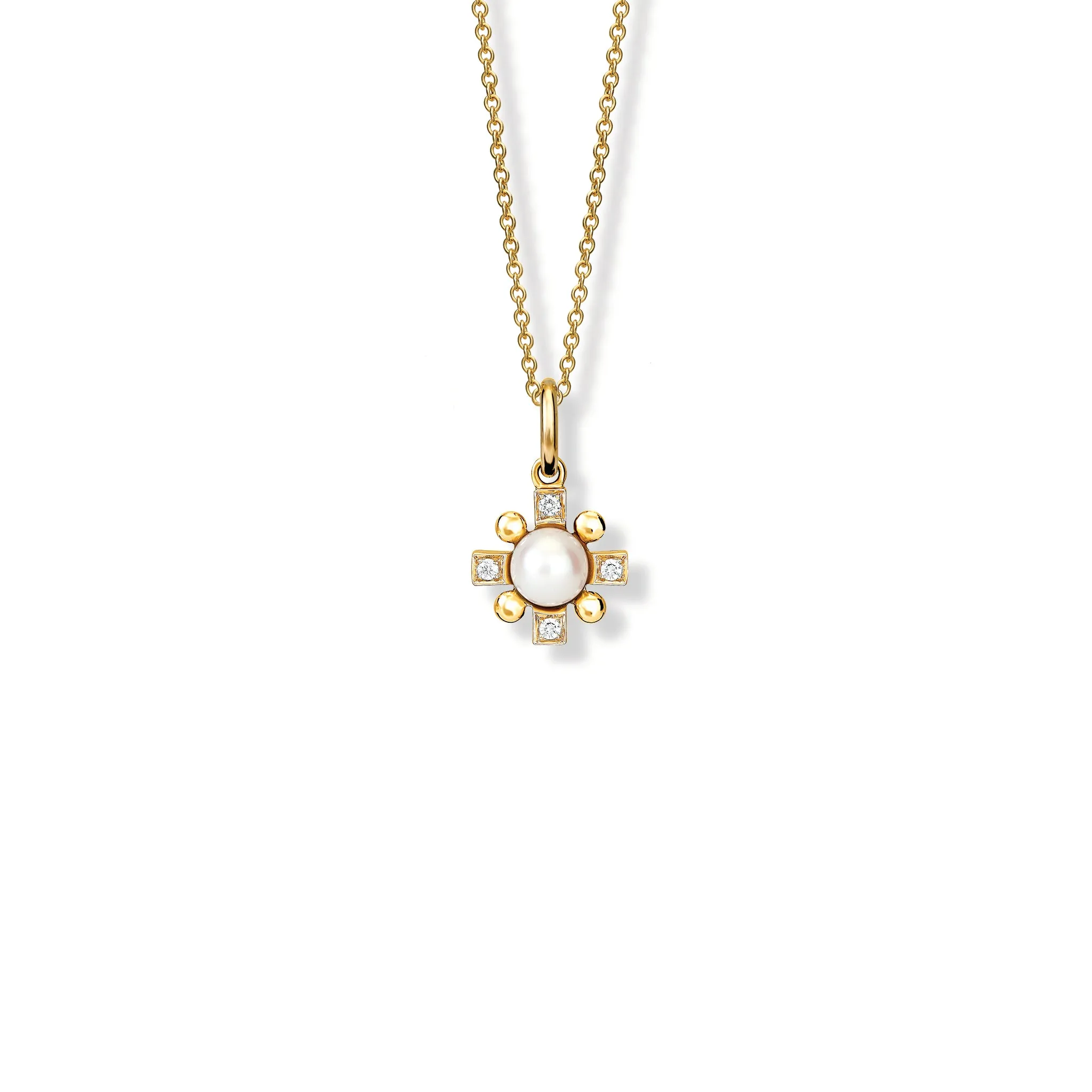 Quadro Cross Pendant Yellow Gold - Pearl & Diamond