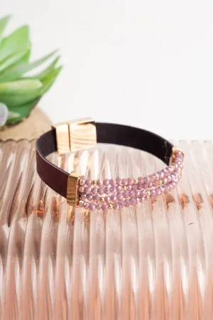 SALE! Purple Faux Leather with Glass Bead Magnetic Bracelet